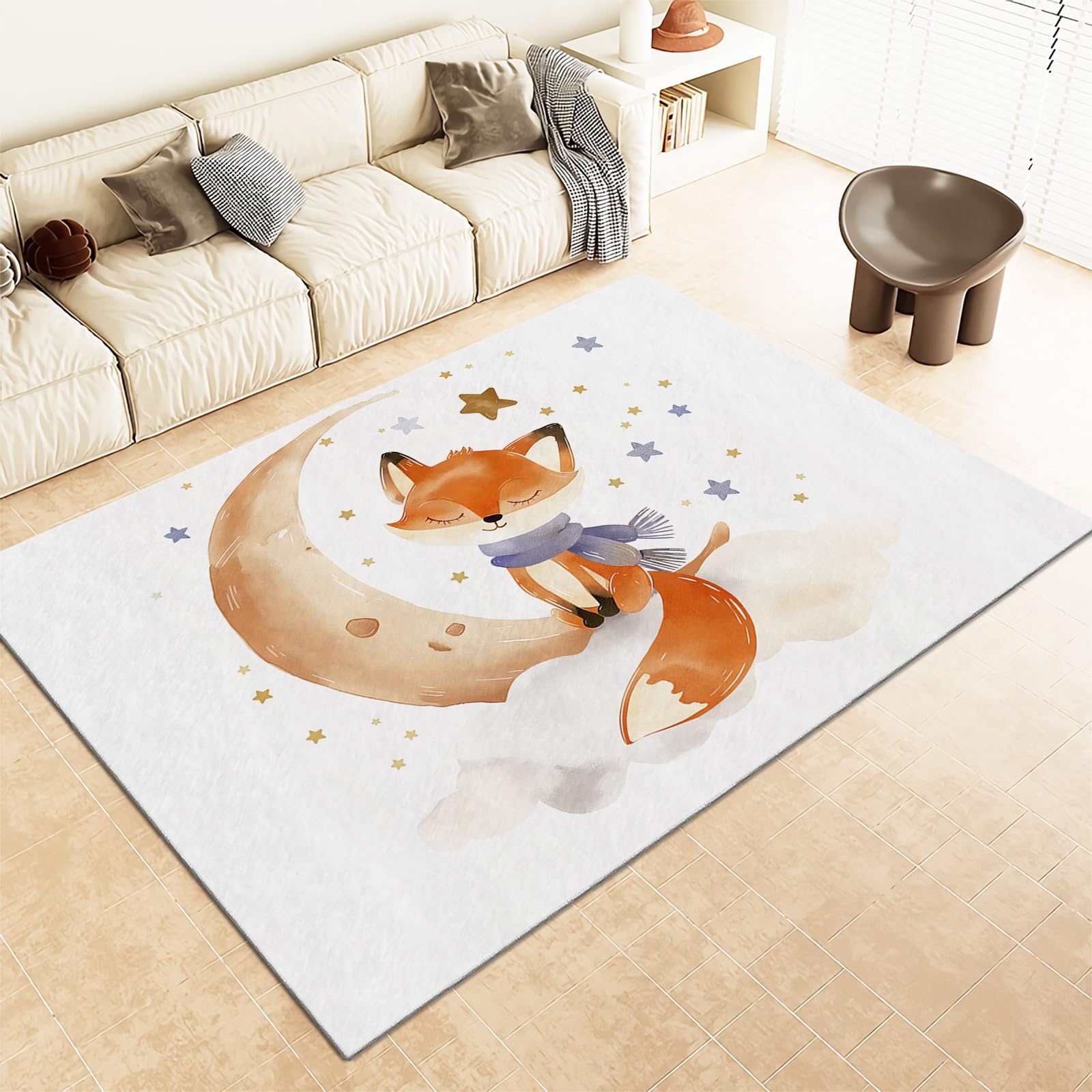 Tapis Poil Court Intérieur Lavable en Machine Aquarelle Renard Lune Doux Moelleux Chambre Enfants Blanc Salon Salle Cuisine Résistant Antidérapant 80x150cm