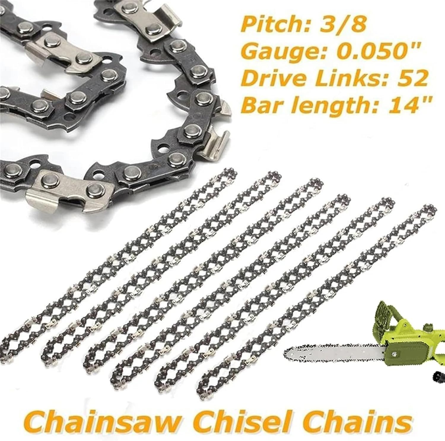Cadena de motosierra, 1 cadena acero inoxidable 14 pulgadas 52 DL 3/8 LP calibre 0,050 semi cincel for registro (cadena 6)(6x Chain)