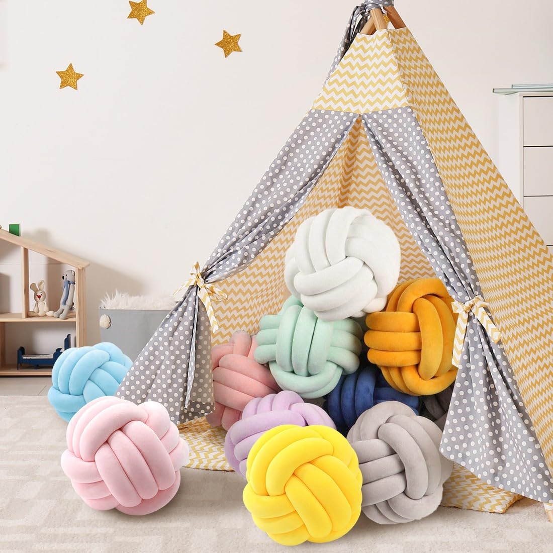 KUCCO Knoten-Plüsch-Überwurfkissen, rundes Ballkissen, Kinderzimmer-Dekoration, Plüschspielzeug, Fotografie-Requisiten (Gelb, 20 cm) | Weiches Plüsch-Kugelkissen, handgeknüpft, für Sofa, Couch und Schlafzimmer, niedlicher Heimdekor-Akzent