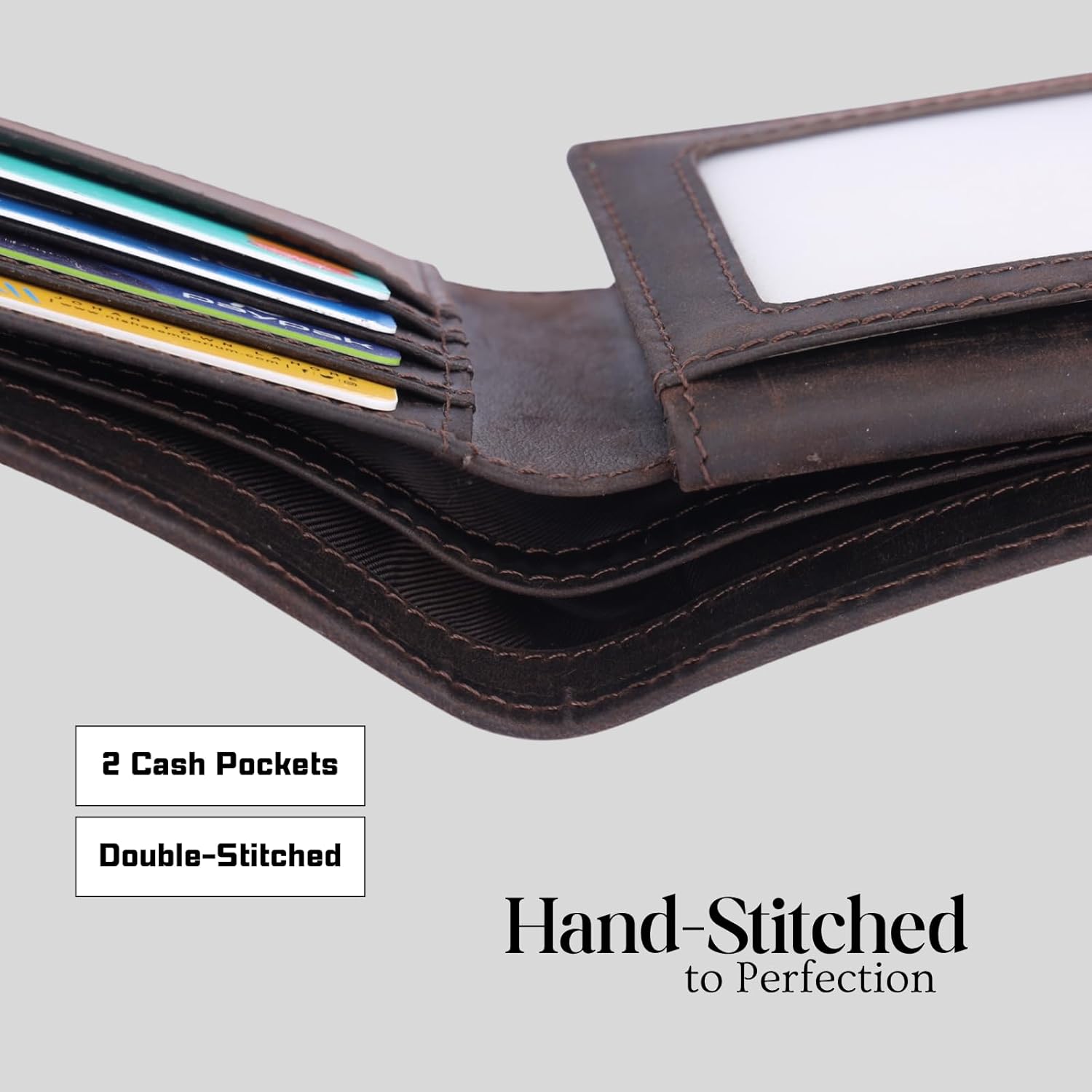 Wallet for Men — Slim RFID Blocking Bifold, Full‑Grain Brown Leather, 2 ID Windows, 8 Card Slots, Dual Bill Compartments, Gift‑Ready - Image 5