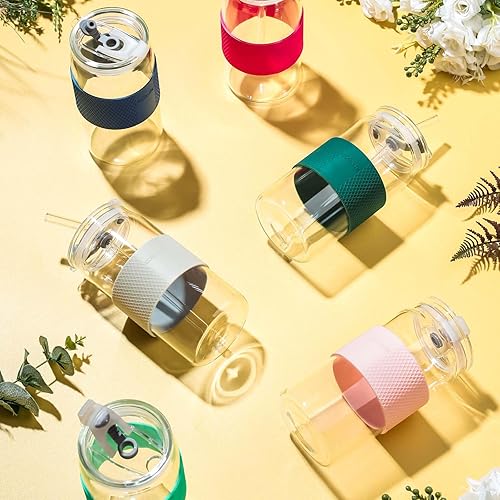 Miniatura 9 de ColoVie Vasos de Vidrio de 20 onzas con 6 Colores, Vasos de Vidrio Reutilizables Engrosados con Tapas y Pajitas, Funda de Silicona Removible para