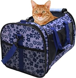 Porte-bébés doux pour petits chiens, chats, chiots, transporteurs aériens approuvés porte-béton, sac à main de voyage & Siège auto (Grande: 19" x 11" x 11", Imprimé floral bleu)