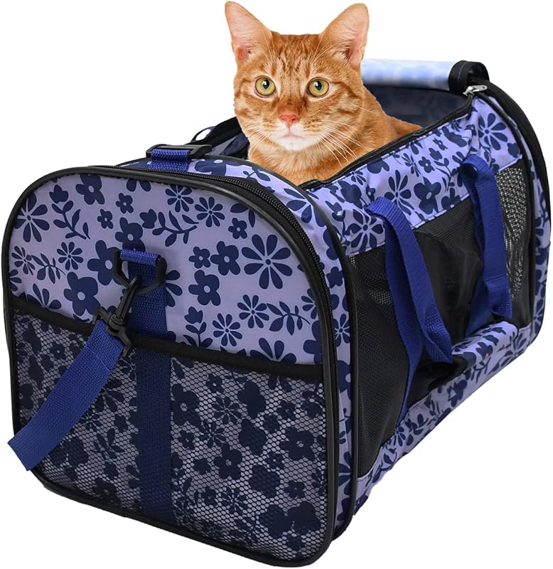 Transportín para mascotas con perrera de lados suaves, bolso de viaje aprobado por aerolíneas | Asiento plegable para auto para perros, múltiples aberturas, plegable, malla transpirable, hasta 18 libras, viajes en auto y visitas al veterinario