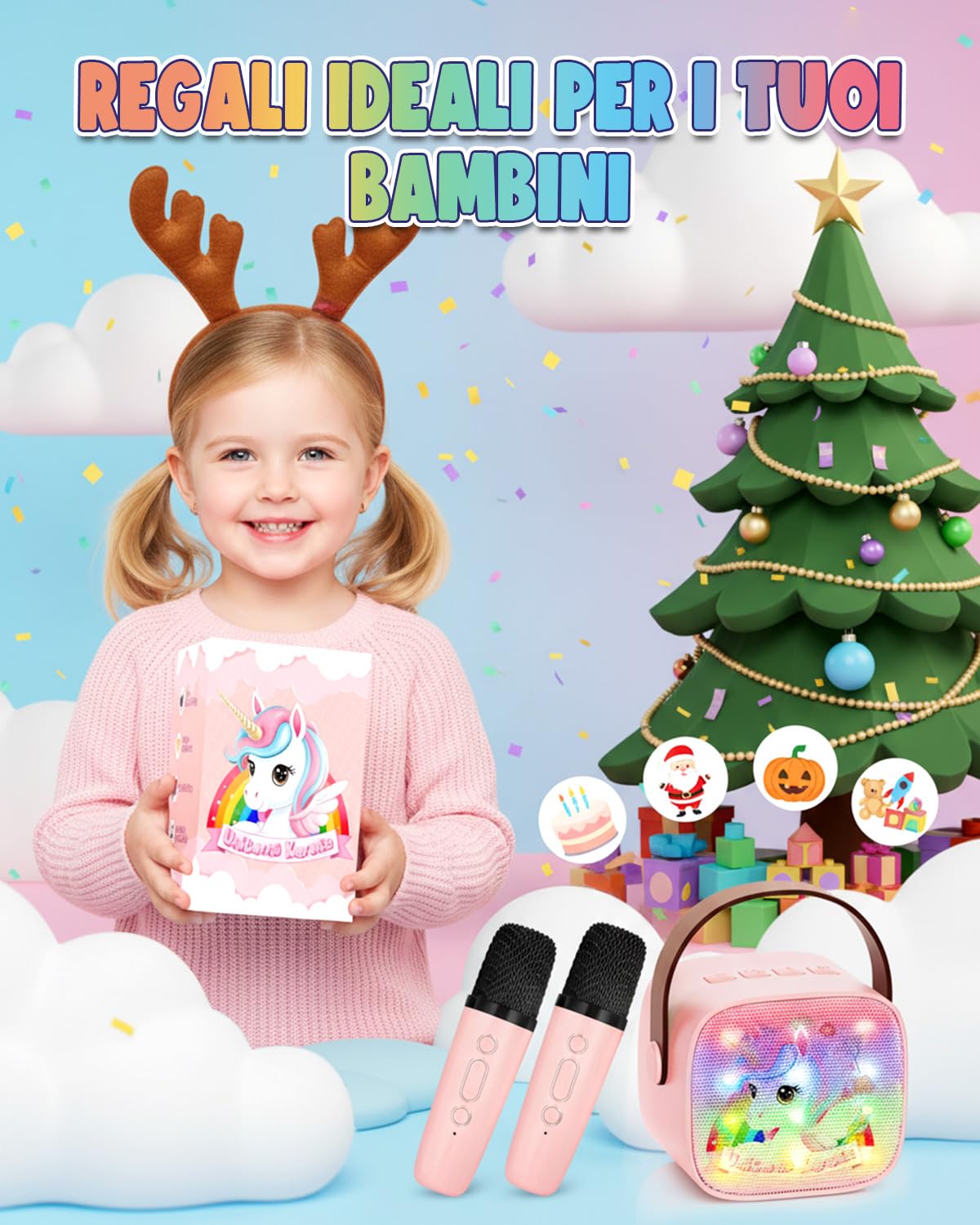 Karaoke per Bambini con 2 Microfoni Wireless Bluetooth, Gioco Musicale Unicorno per Bambina 3-12 Anni, Canta Tu Karaoke Portatile, Regalo Perfetto per Bambina