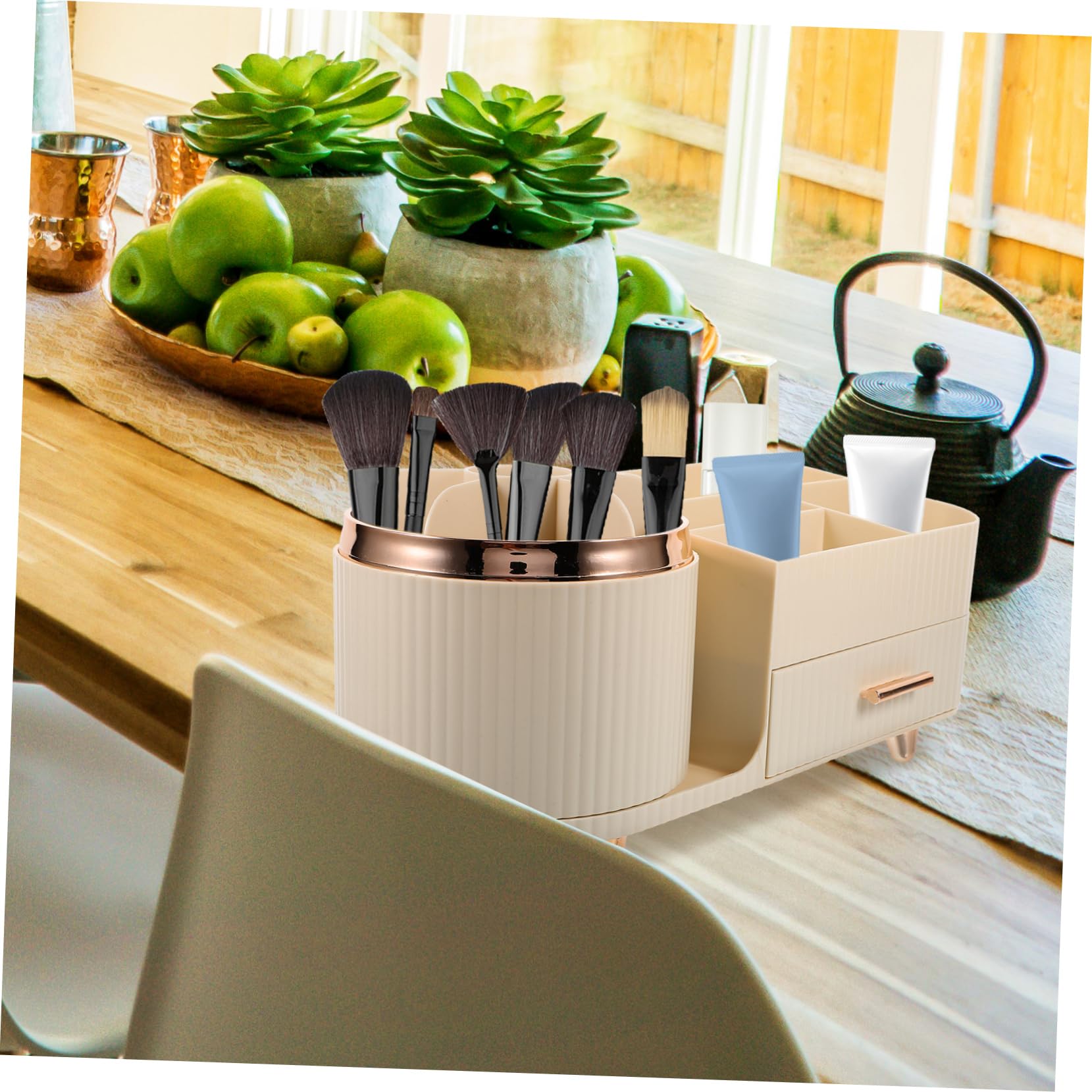 Homoyoyo Rotierender Makeup Organizer mit Schublade Kosmetik Pinselhalter und Lippenstift Aufbewahrung Vielseitiger Desktop Kosmetik Organizer für Ordentliche Make Up Aufbewahrung