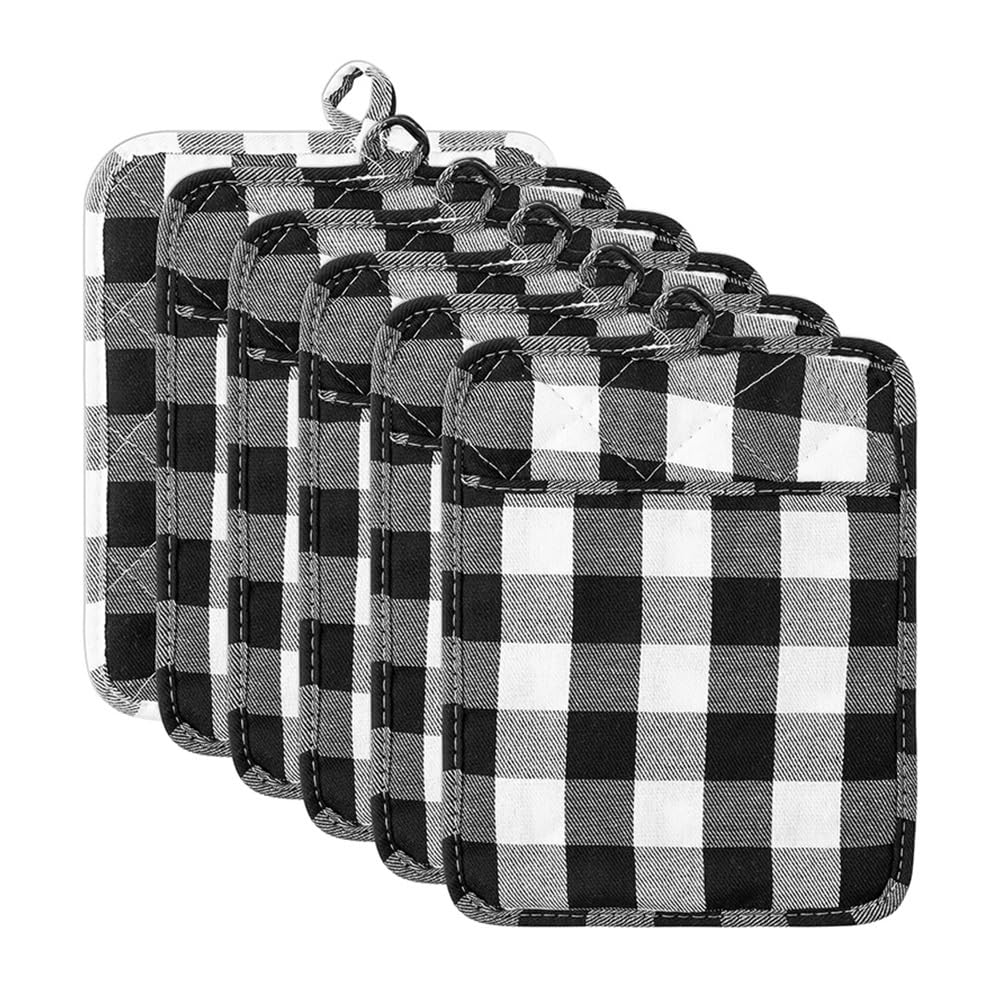 Juego de 6 almohadillas de algodón para ollas de bolsillo antiquemaduras, guantes para hornear de alta temperatura, herramientas multifunción de doble uso (negro y blanco)