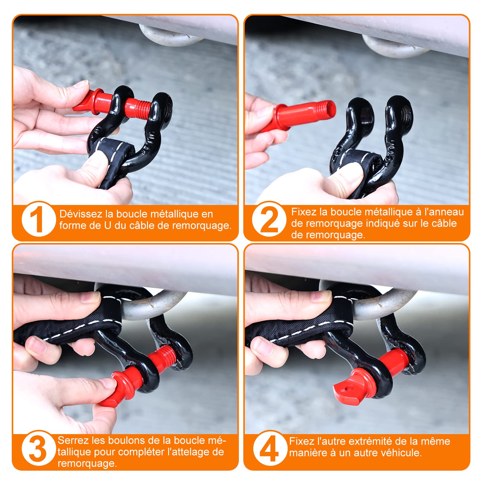 Corde de Remorquage Voiture 5M X 5CM Kit de Sangle de Remorquage 10T Sangle de Remorquage Haute Résistance Joints Renforcés avec 2 Manilles Solide et Epais (Orange)