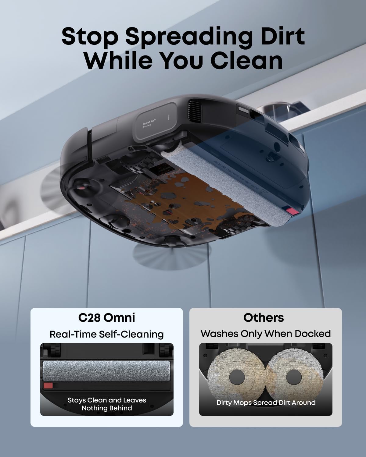 Comparison of eufy C28 Omni's real-time self-cleaning mop versus other robot mops that only wash when docked.