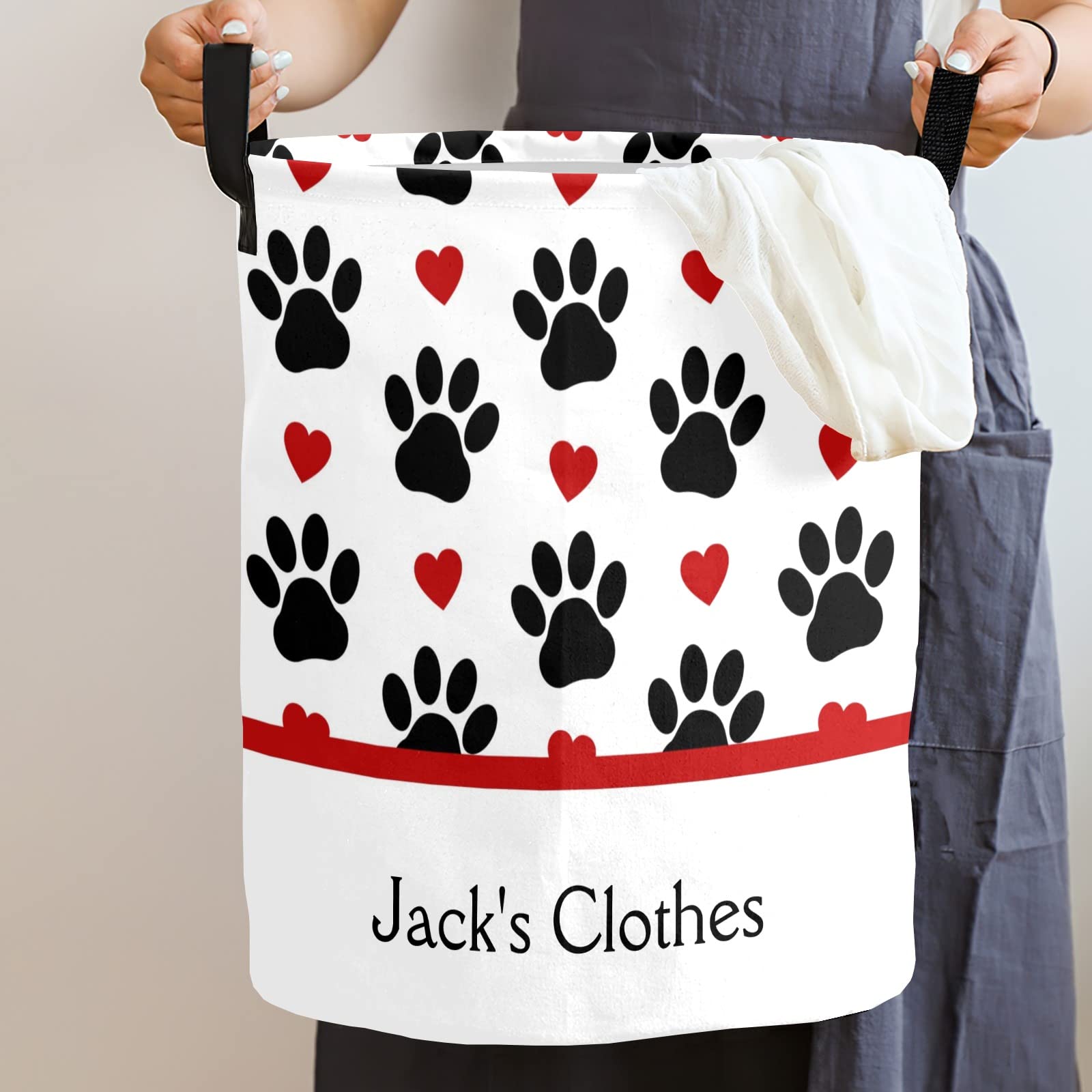 Dog Paws Footprint Personalized Freestanding Laundry Hamper, Custom Waterproof Collapsible Drawstring Basket Storage Bins with Handle for Clothes