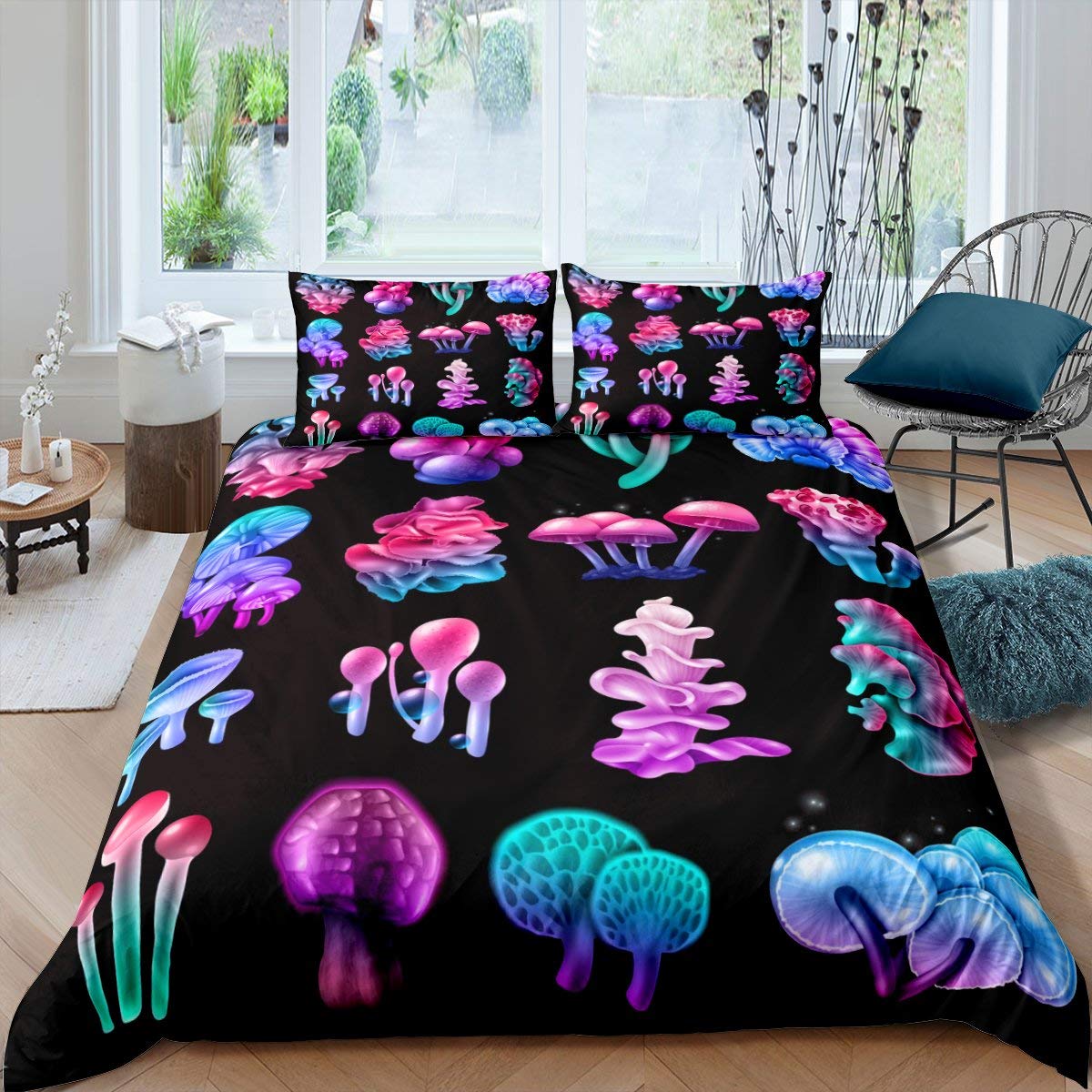 Housse de couette champignons coloré botanique violet noir super king
