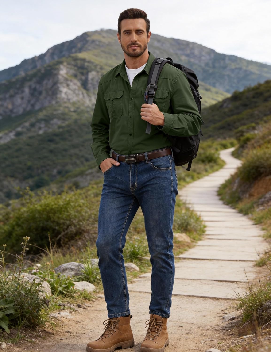 Kissonic Men's Long Sleeve Work Shirts Button Down Cotton Canvas Cargo Shirt for Men Western Cowboy Shirt for Safari Fishing - Image 3