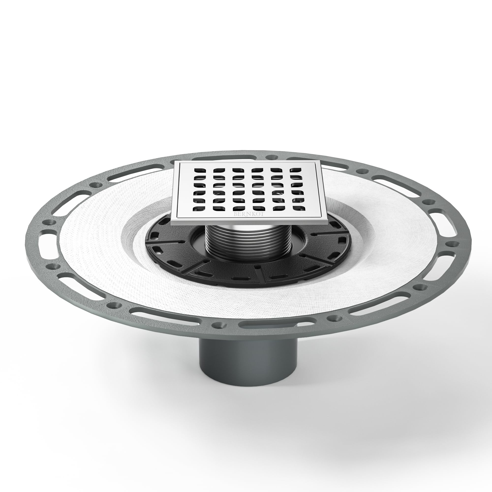 Bernkot Square Shower Drain, 4" Brushed 304 Stainless Steel Drain Grate Removable Drain Key with PVC Bonding Flange Base for Low Profile Shower Floor