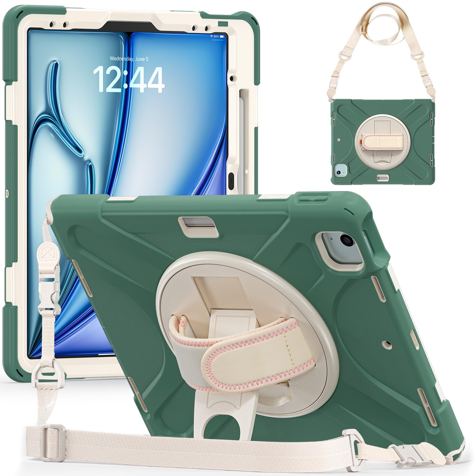 Kompatybilny z etui iPad Air 13 cali M3 2025/ M2 2024, wytrzymałe, odporne na wstrząsy ochronne uchwytem długopis, pasek ramię, dla dzieci, silikonowe(Green 1)