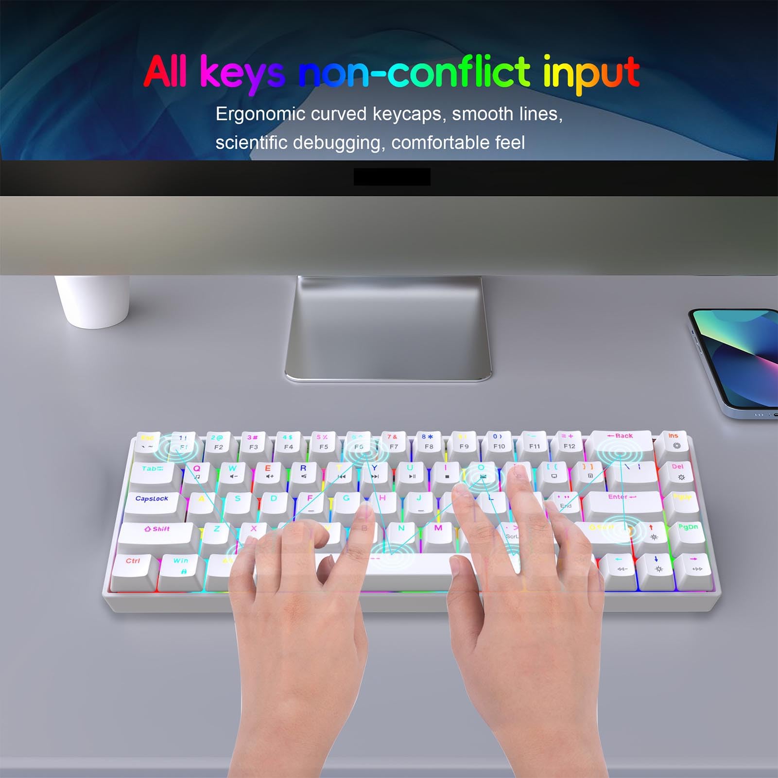 Kompaktowa, 68-klawiszowa, przewodowa mechaniczna klawiatura do gier z podświetleniem RGB i przełącznikami z możliwością wymiany podczas pracy, 60% ultrakompaktowa konstrukcja do (Biały)