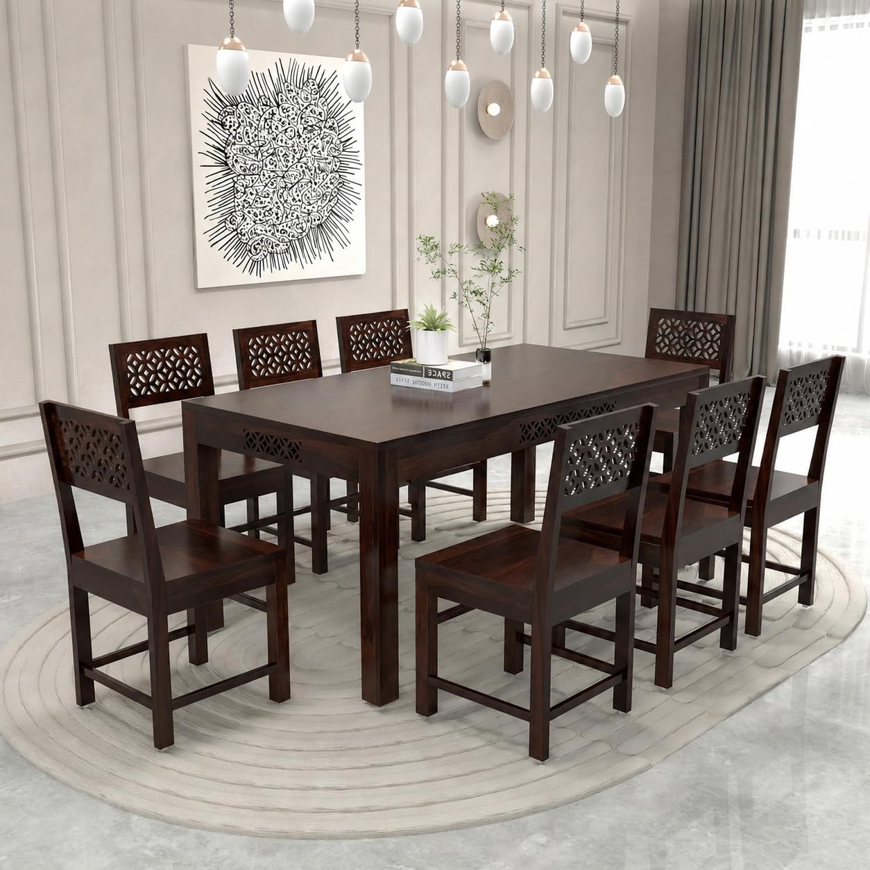 Sheesham Wood 8 Seater Dining Table Without Cushion 8 Chairs | Solid Wood Dining Room Sets Furniture for Living Room Home Restaurant and Café -(Walnut)-image-11