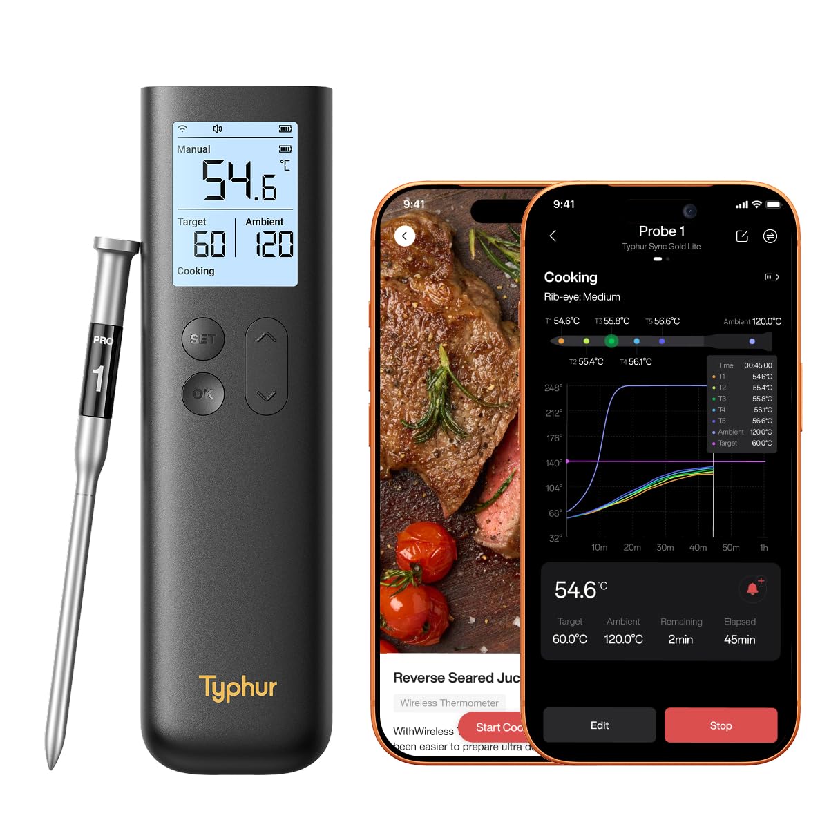 Typhur Sync Gold Kabelloses Fleischthermometer Gen2, 10-fache Sub-1G-Signalstärke und -Stabilität, WLAN mit unbegrenzter Reichweite, 6 Sensoren, für Grill, Backofen, Smoker, Grill, Heißluftfritteuse