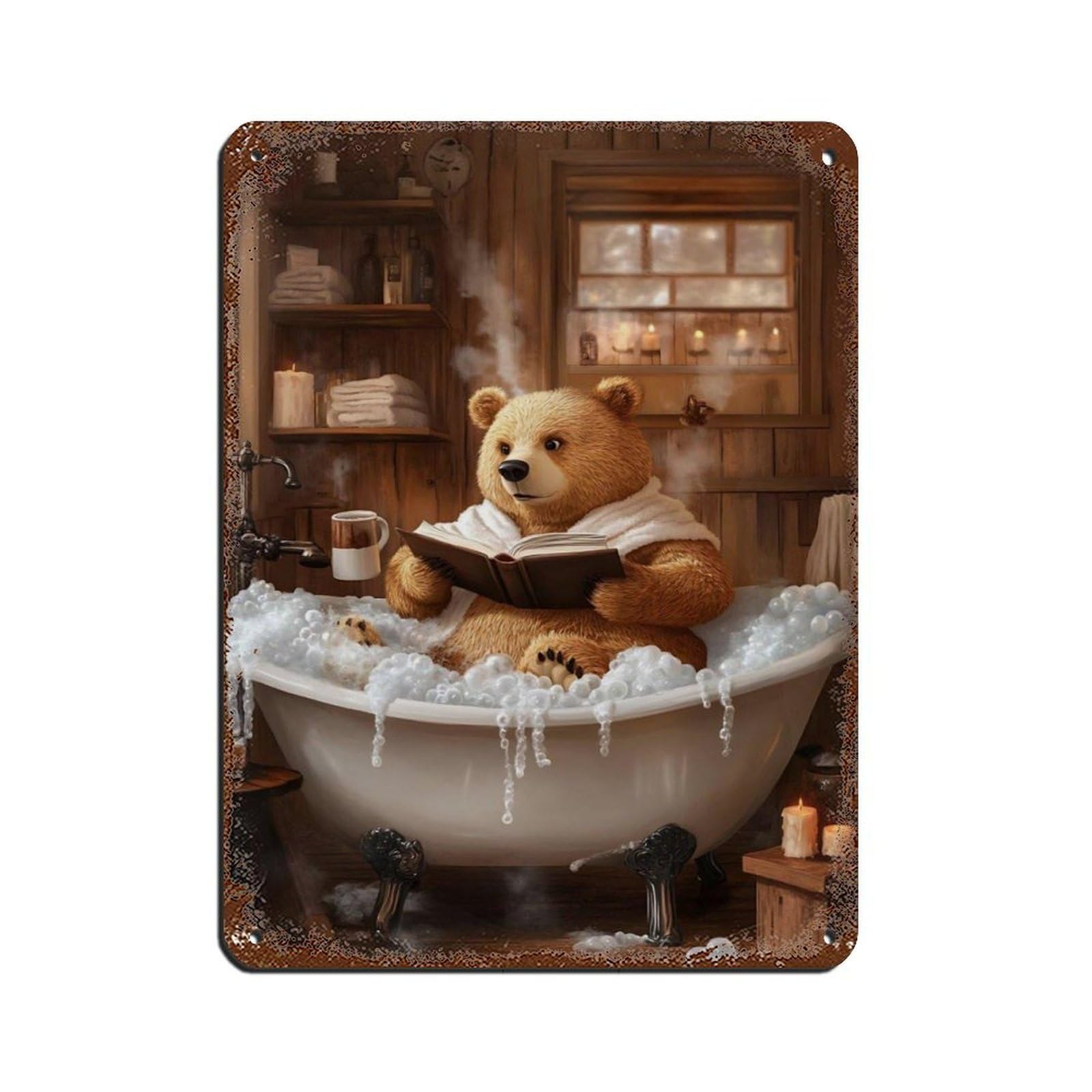 Cozy Bear in Bathtub, Cute Animal Reading Book Tin Sign Vintage Metal Pub Club Cafe Bar Home Wall Art Decoration Poster Retro 12x16inch(30x40cm)