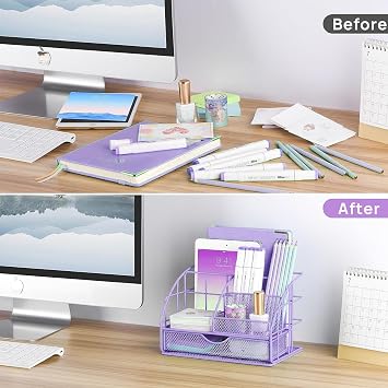 Purple Desk Organizers and Accessories, Purple Office Supplies with Mesh Desk Organizer, Acrylic Tape Dispenser and Stapler, Staples, Ballpoint Pen, Clips Set, Ruler, Scissor, Sticky Labels