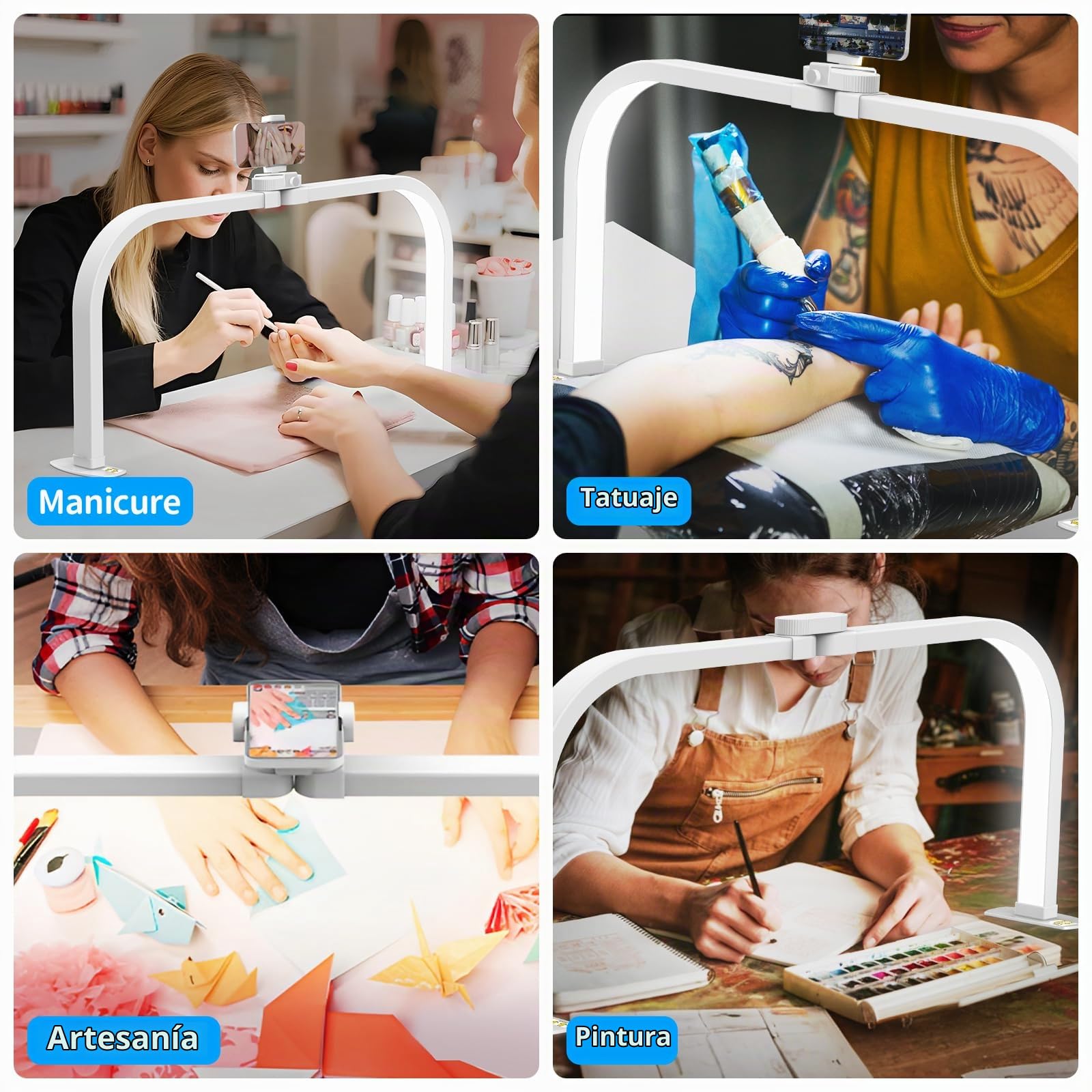 CGBE LED Lámpara Media Luna Manicura Plegable para Técnico de Uñas - Negro | Lámpara de Mesa para Uñas - 3 Modos 10 Brillos - Regulable Luz con Soporte para Teléfono para Manicura Tatuaje Manualidad