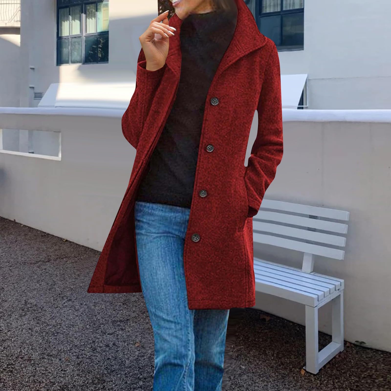 Wollmantel Damen Lang Mantel Winter Wintermantel Elegant Damenmantel Einfarbig Übergangsjacken Leichte Winterjacke Mit Taschen Wolljacke Mit Knöpfen Stehkragen Jacke Warm Freizeitjacke Casual