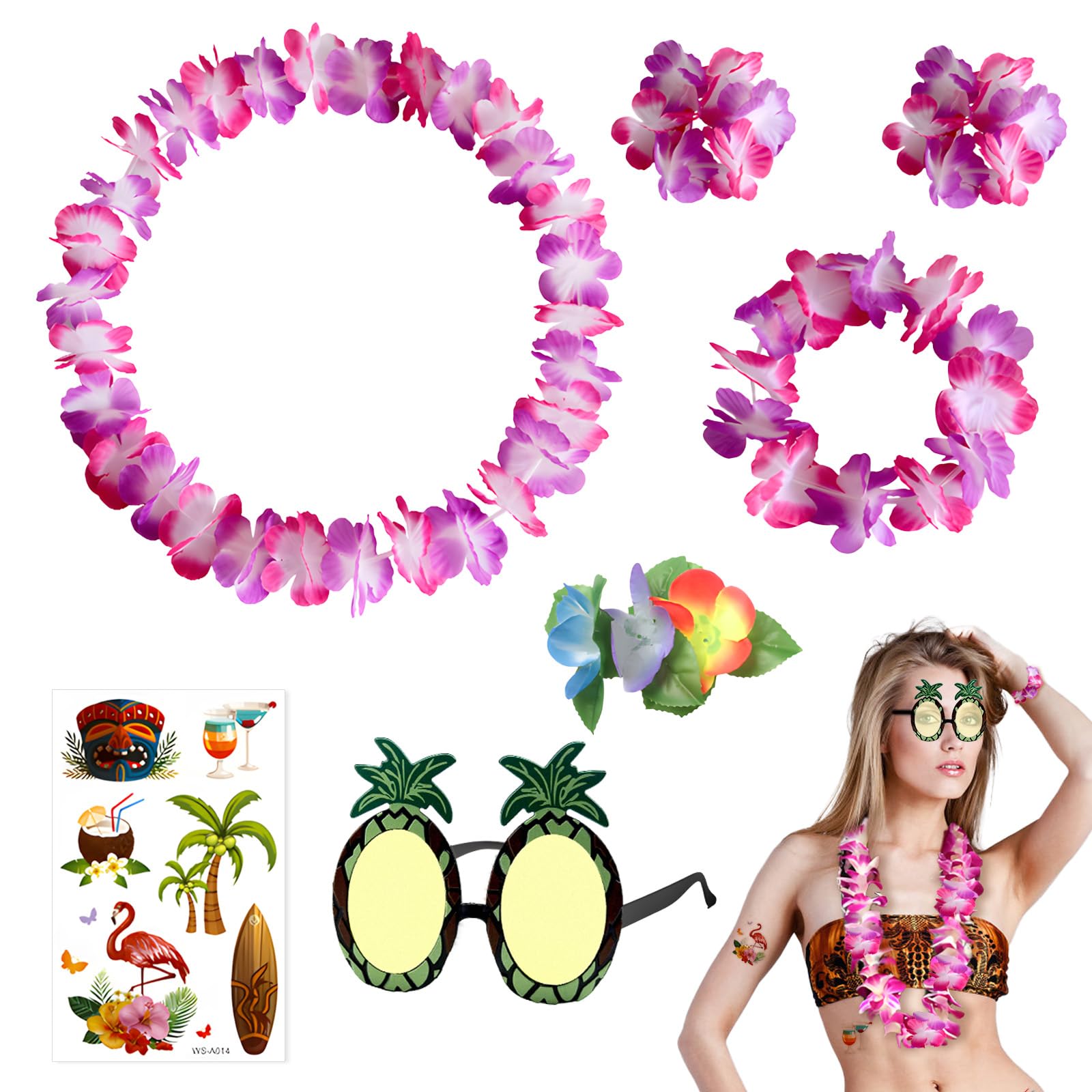 7 pcs Hawaiian Garland, Hawaiian Leis Sets, Hawaiian Garlands, Hawaiian Necklace Headbands Bracelet, Tropical Theme Party Decorations Vibrantly Colored Hawaiian Fancy Dress Party accesscories
