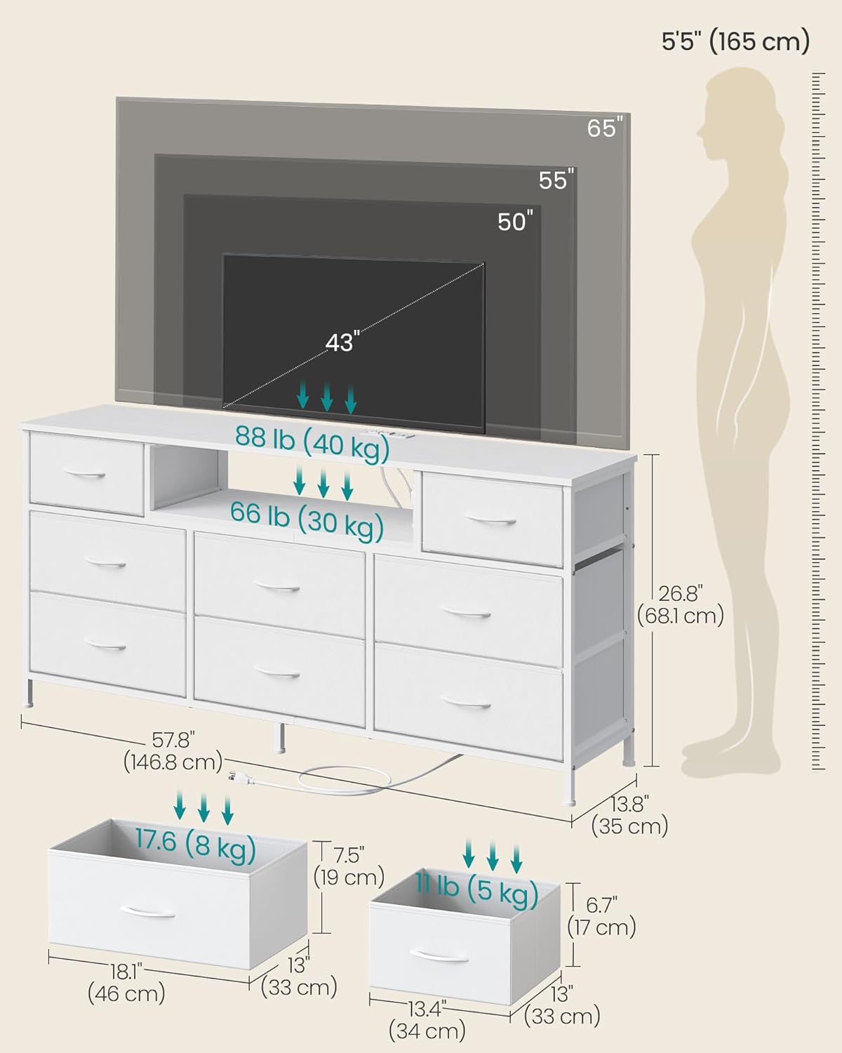 SONGMICS BELLAH Collection - Dresser for Bedroom with Outlets and LED Lights, TV Stand for TVs Up to 65 Inches, Chest of Drawers, 8 Drawers, Steel, Modern, Cloud White ULGS434WH02S