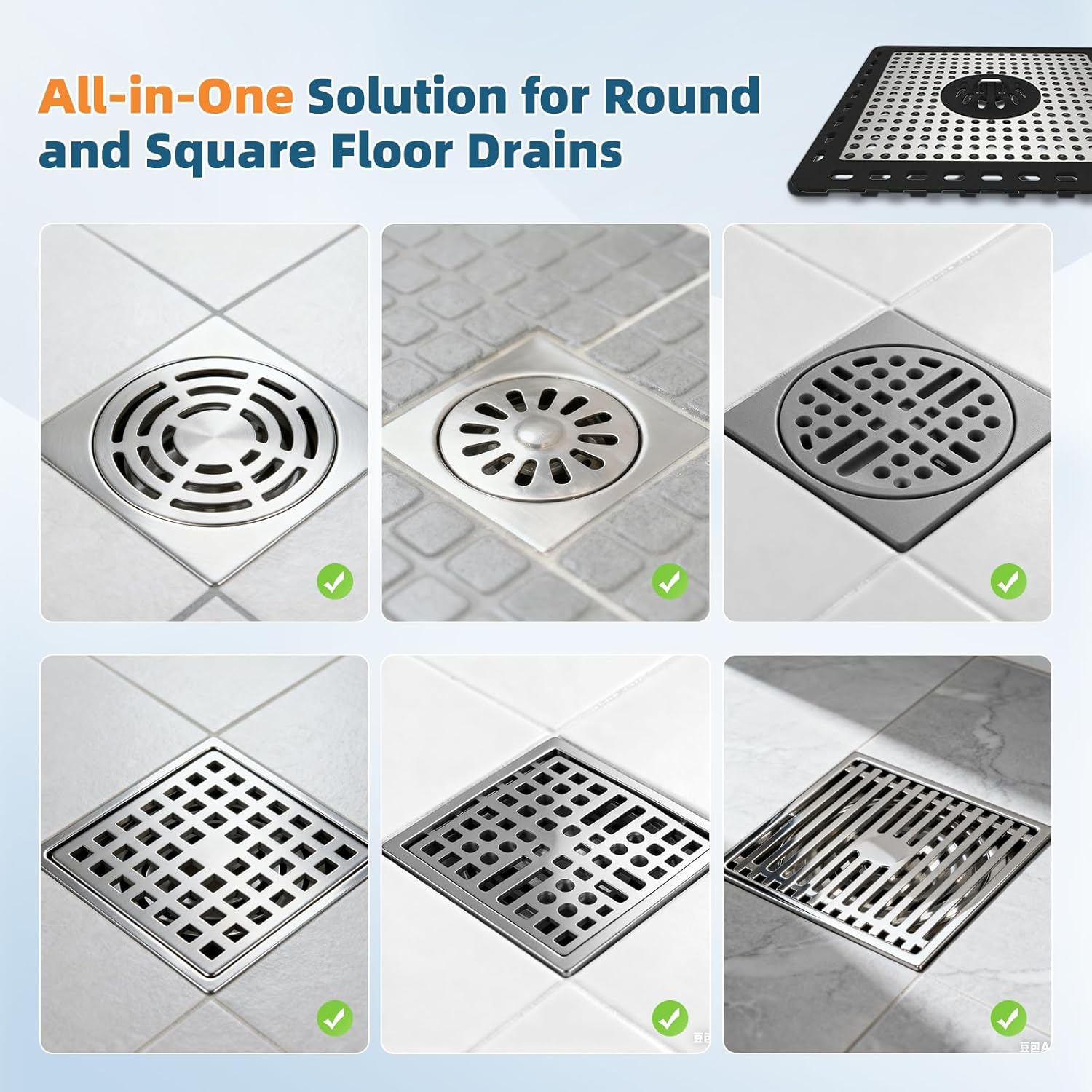 Hibbent 2 Pack Upgraded Shower Drain Hair Catcher, Shower Drain Cover for Bathroom Floor 6" Drain, Anti-Clogging Bathtub Drain Strainer, Stainless Steel Kitchen Sink Drain Strainer with Handle, Black