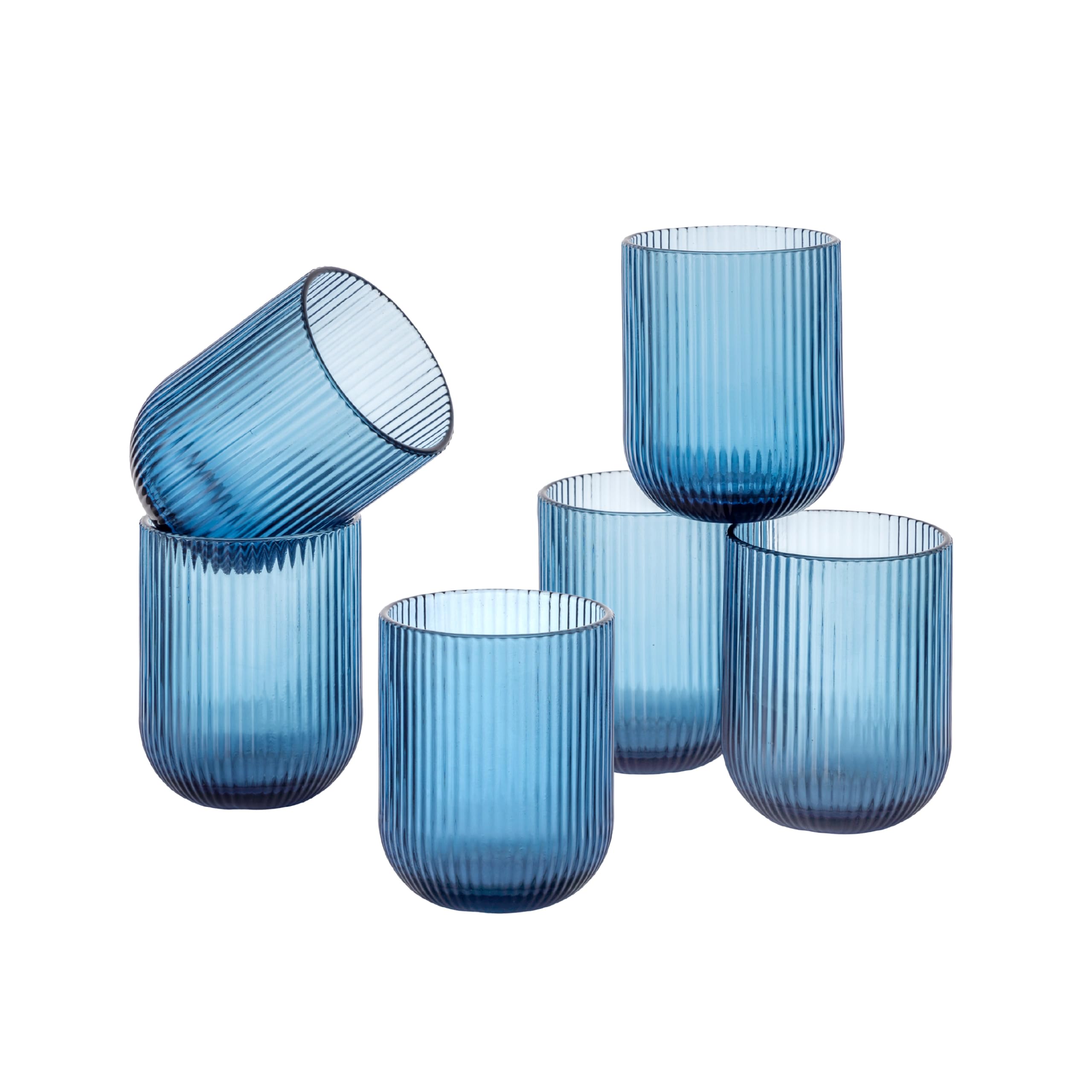 Baroni Home Set 6 pz di Bicchieri in Vetro Colorati e Decorati con Righe in Rilievo 30 CL, Bicchieri Eleganti Lavabili in Lavastoviglie, 8x8x10 cm, Blu