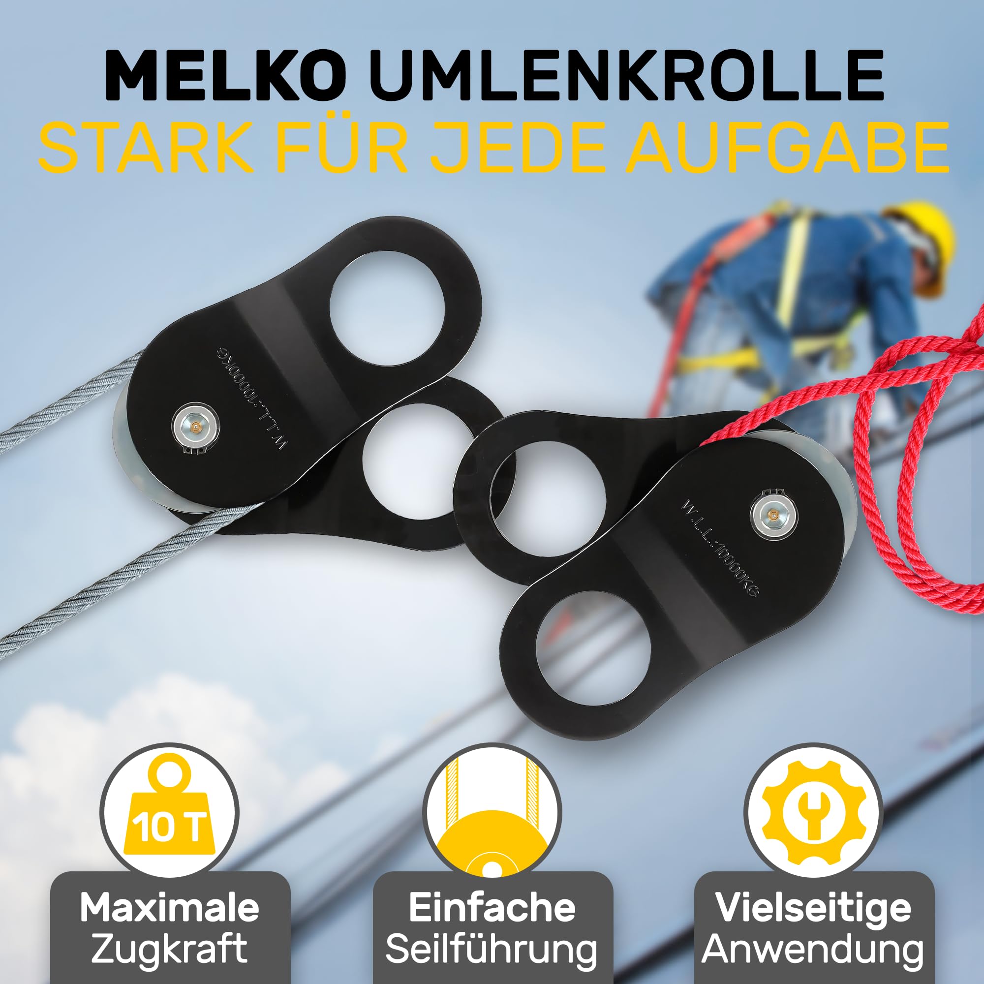 Melko - Umlenkrolle Seilwinde aus Stahl bis 10 t Zuglast - Umlenkriemenscheibe mit Verdrehschutz für 1-15mm Kunststoff- & Stahlseile - Forstseilwinde Zubehör zur Umleitung von Flaschenzug & Seilzug