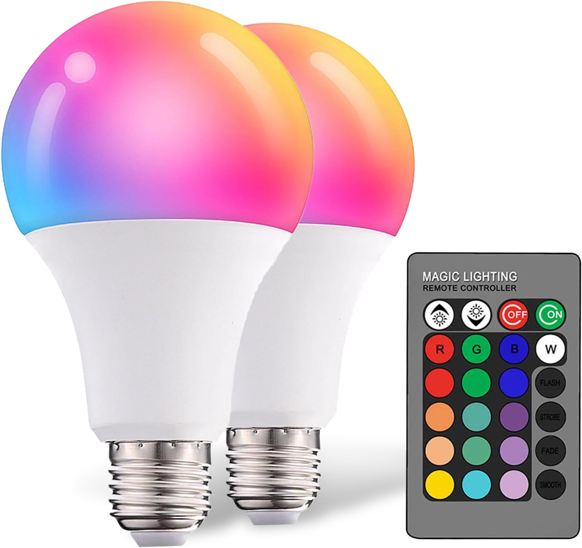 Dimmable E26 Warm LED Light Bulb, 6W RGBW Color 500LM with 16 Color Changing Modes for Christmas, Party etc with Remote Control 2 Pack, White, Dr-2024