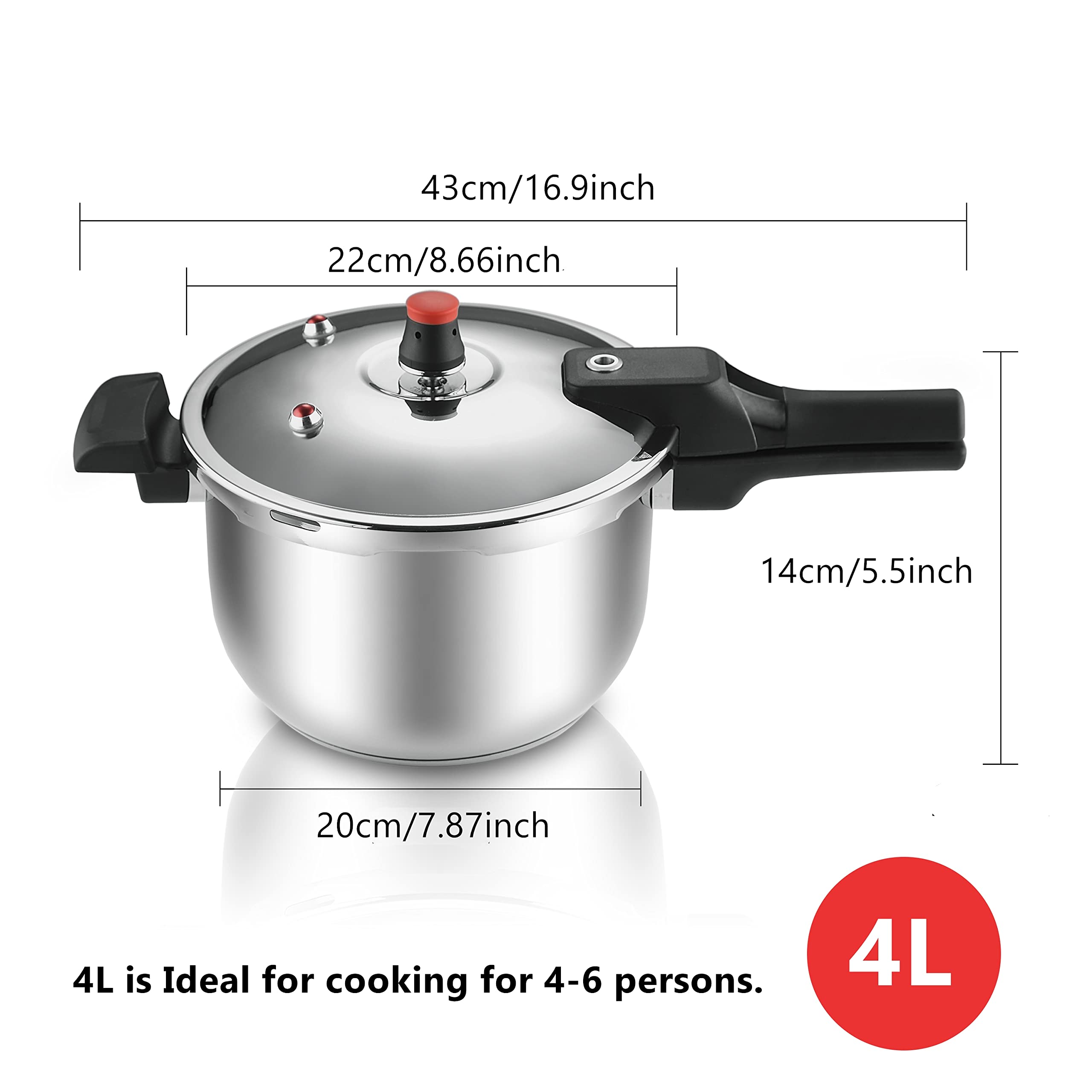 Thickened Stainless Steel Pressure Cooker Cookware Pressure Canner Rice Cooker with Spring Valve Safeguard Devices, Compatible with Gas & Induction Cooker Explosion-proof 4Liter