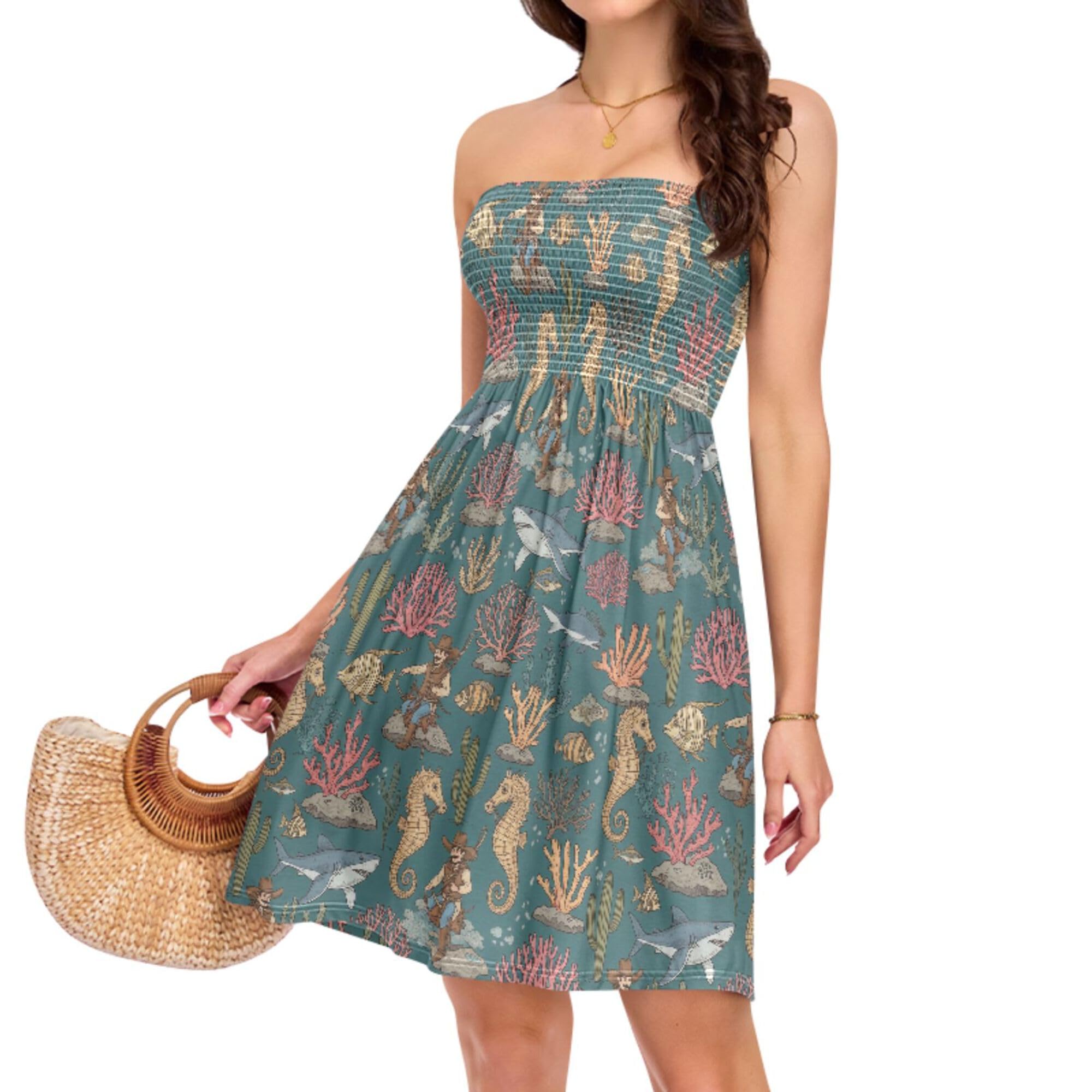Women Summer Dreeses Casual Smocked Strapless Tube Top Cowboy Sea Horse Sundress Vacation…