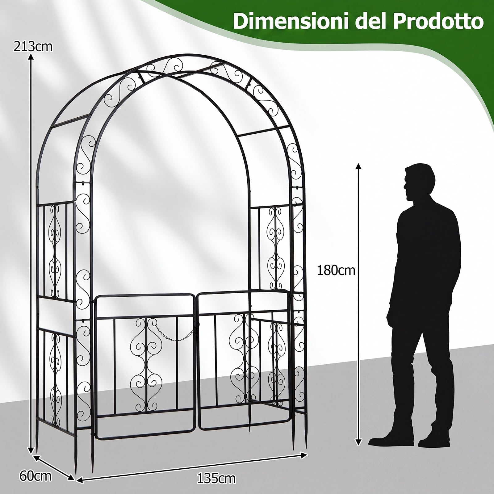 COSTWAY Arco da Giardino con Cancello, Pergolato per Piante Rampicanti | Pergola Decorativa in Metallo con Piedini a Punta e Chiusura, per Rose, Viti e Fiori da Matrimoni e Feste, 135x60x213 cm