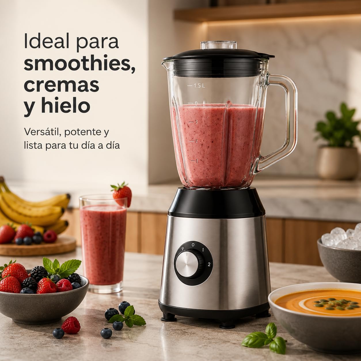 Batidora de Vaso 1500W, Jarra Cristal 1,5L y 6 Cuchillas de Titanio | 2 velocidades + Pulse, base de acero inoxidable y piezas aptas lavavajillas