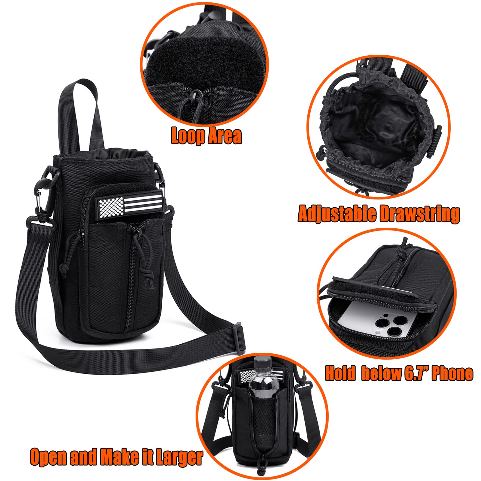 Dual Tactical Molle Water Pouch - 32oz & 10.5oz Bottle Holder, Shoulder Strap, Patch, 1000D Nylon - View #2