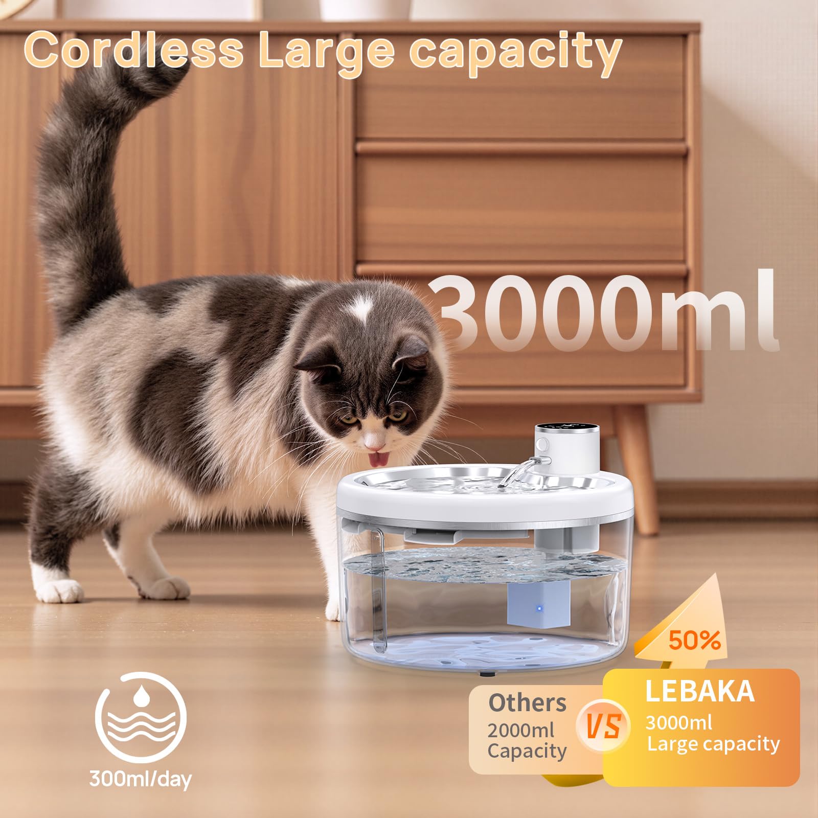 Wireless Cat Water Fountain with Stainless Steel Tray, 102oz/3L Pet Water Fountain for Cats Inside, Cat Fountain for Drinking with Motion Sensor, Ultra Quiet Pump, Cats & Dogs Gifts-8Filters - image 5