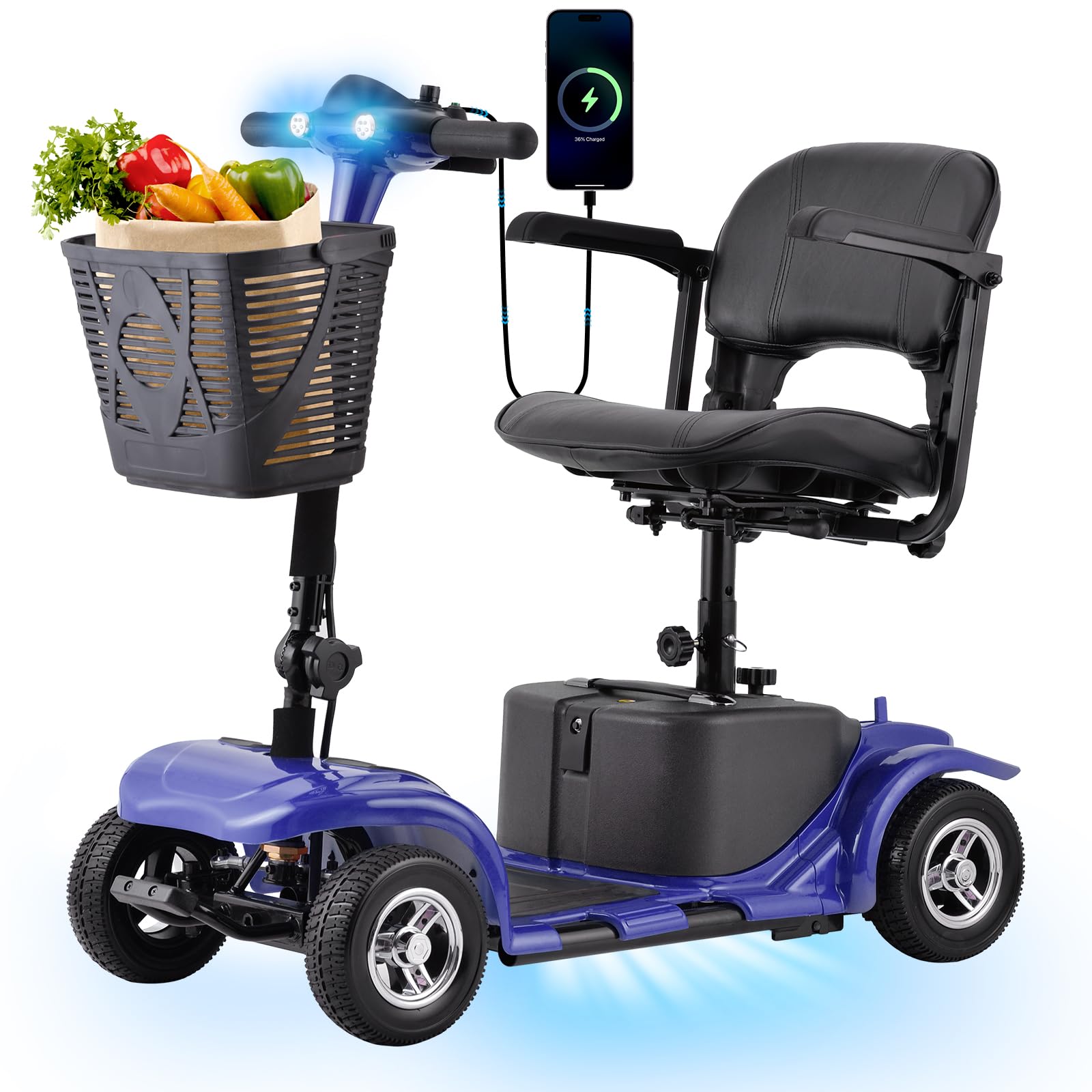 SUNDERWELL Mobility Scooter for Seniors, Adults, 4 Wheels Removable Electric Powered Mobility Scooters, Foldable and Portable, with USB Interface and LED Headlights, Charger Include (Blue02)