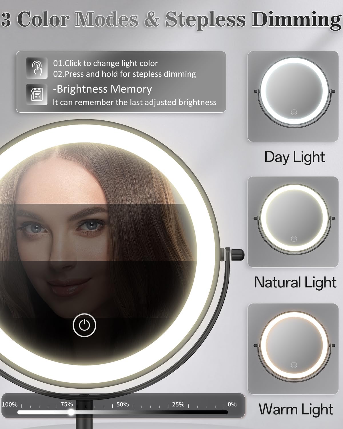 Makeup Mirror with Lights, 1X/30X Lighted Magnifying Mirror Height Adjustable, 3000mAh Rechargeable Double Sided Vanity Mirrors with 3 LED Lighting and Adjustable Brightness for Desk Women Gift - Image 4