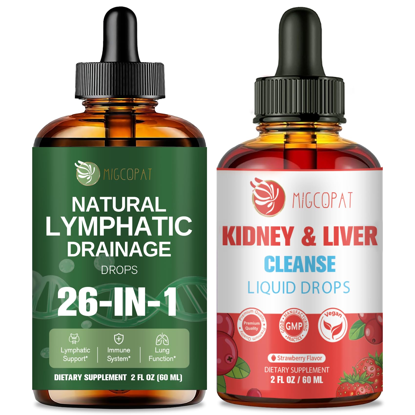 Migcopat 26-in-1 Lymphatic Drainage Drops + 29-in-1 Kidney and Liver Drops with Cranberry, Milk Thistle, Artichoke, Astragalus, Horsetail, 60ml