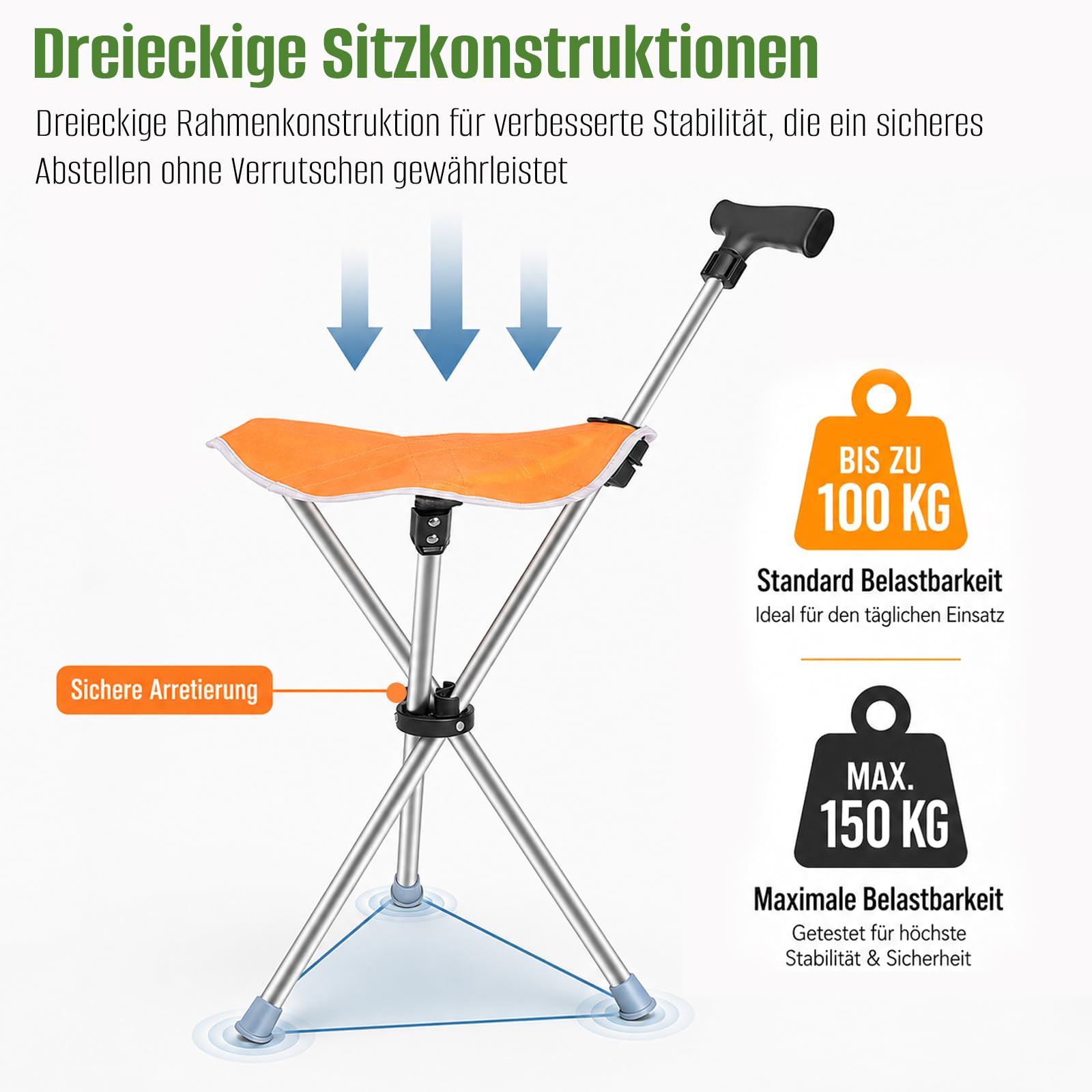 Bastón triangular con asiento, 2 en 1, plegable, peso ligero, 150 kg, para personas mayores y adultos, ideal para viajes al aire libre, camping y montañismo