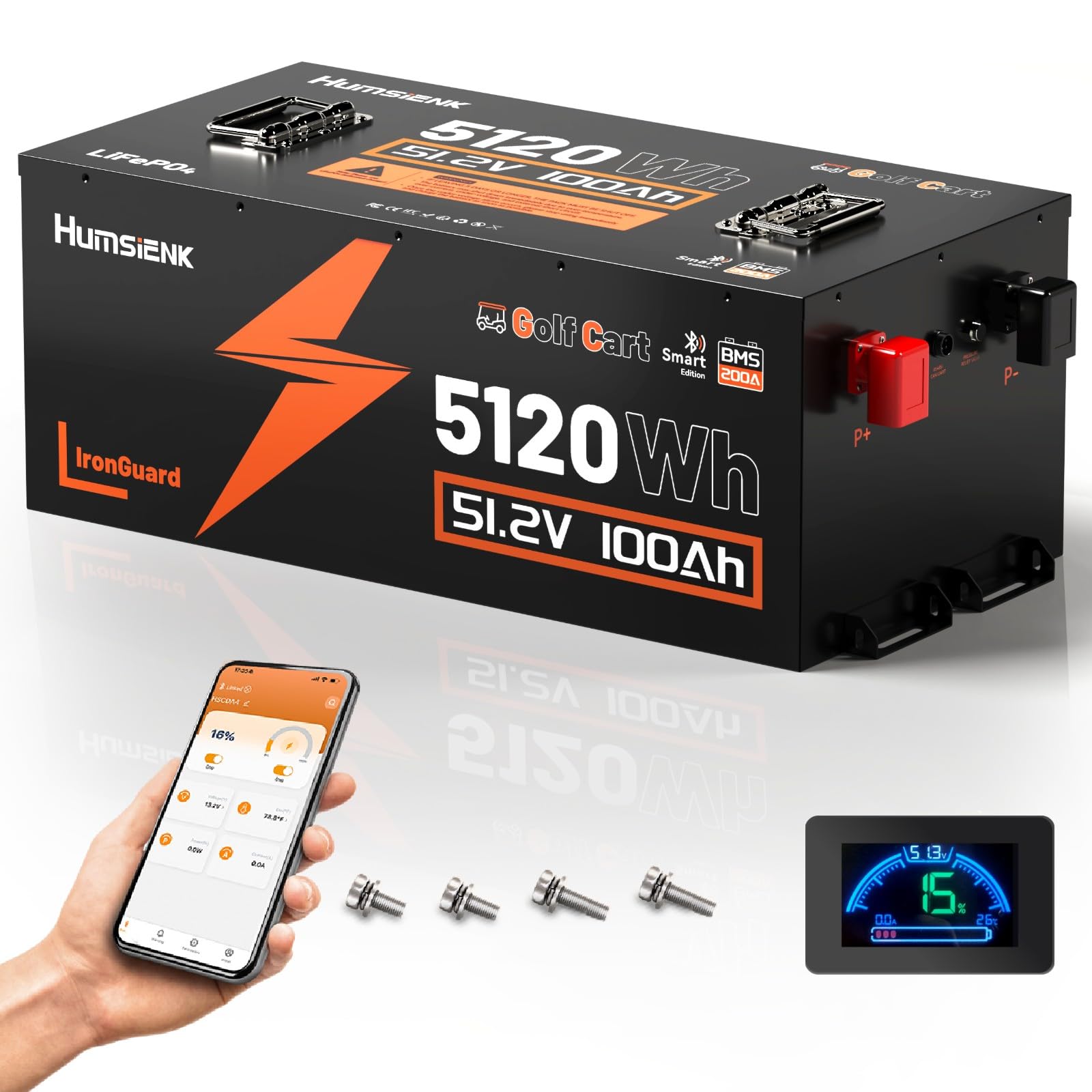 HumsiENK 48V 100Ah Golf Cart Battery, Metal Casing LiFePO4 Battery with 200A BMS (410A Peak), Bluetooth &amp; LCD Monitor, 5.12kWh Deep Cycle Lithium Replacement for Club Car, EZGO, Yamaha