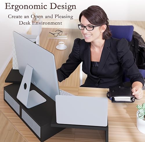 Miniatura 3 de TEAMIX Soporte elevador de madera para monitor doble con cajones de longitud y ángulo ajustable con soporte de monitor triple con almacenamiento