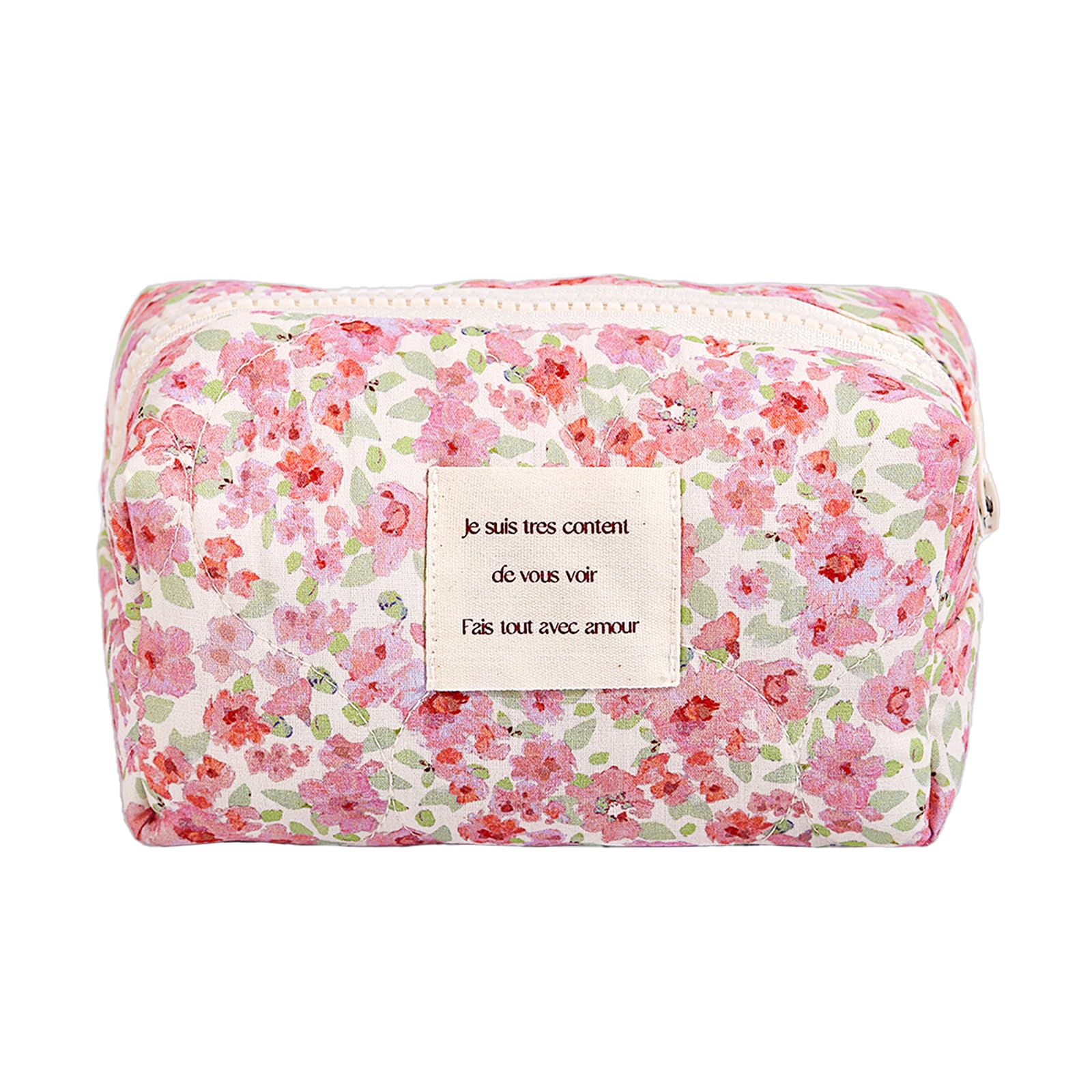 Sminra Floral Makeup Bag Small Travel Cotton Quilted Cosmetic Makeup Bag Organizer, Cute Coquette Aesthetic Zipper Portable Pouch Purse Toiletry Bag
