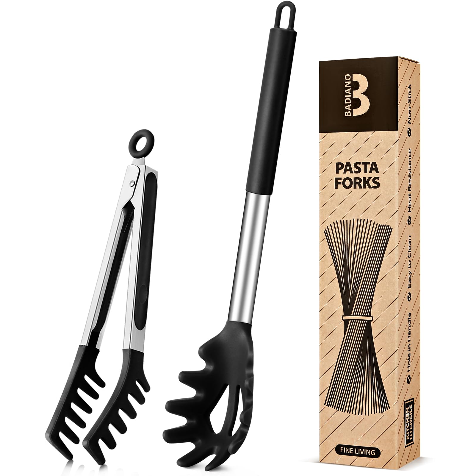 Silicone Spaghetti Spoon & Pasta Tong, Non-Stick Stainless Steel Handle Pasta Fork Set with Teeth, Food Clip for Easy Serv...