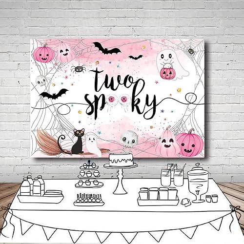 Miniatura 4 de MEHOFOND Fondo de Halloween de 7 x 5 pies con dos espeluznantes fotografías Happy Booday, fondo rosa acuarela para niñas, decoración de fiesta de