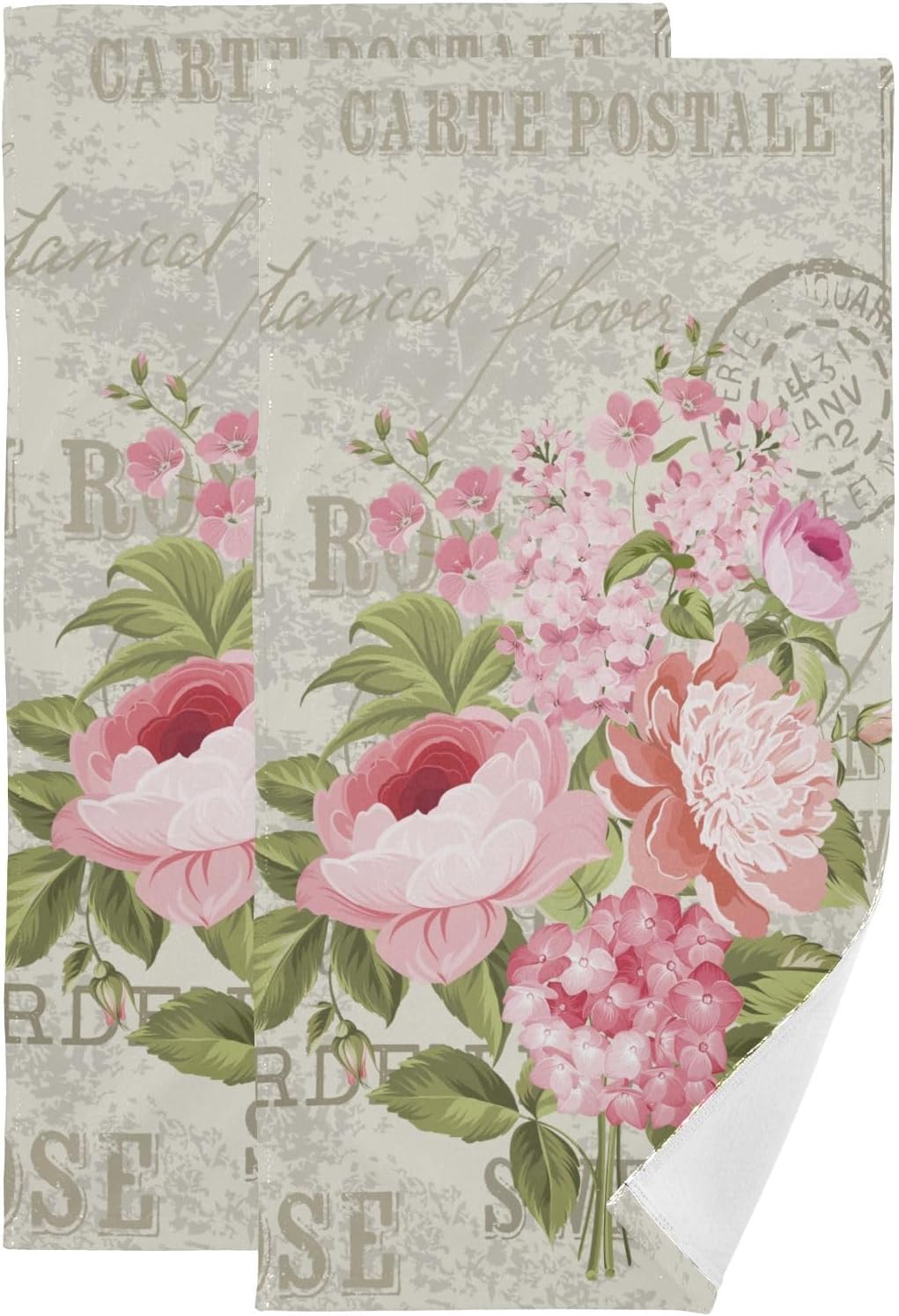 Vintage Roses Hand Towels for Bathroom Set of 2 Microfiber Retro Pink Floral Leaf Elegant Botanical Postcard Kitchen Dish Towels Decorative Bathroom Towel for Face Bath Shower Spa 14"x28"