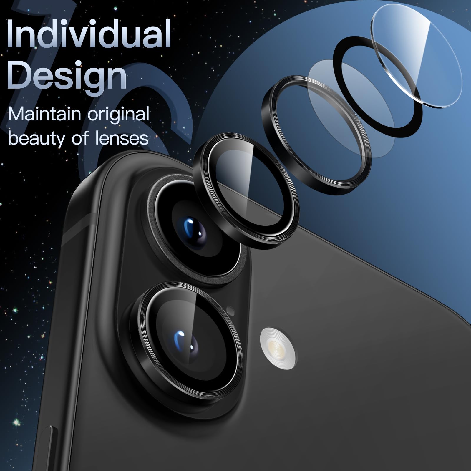 JETech Ochraniacz Obiektywu Aparatu dla iPhone 16/16 Plus, Czarny, 1 Zestaw | Szkło Hartowane 9H, Metalowe Osłony Pierścieniowe, Przejrzystość HD