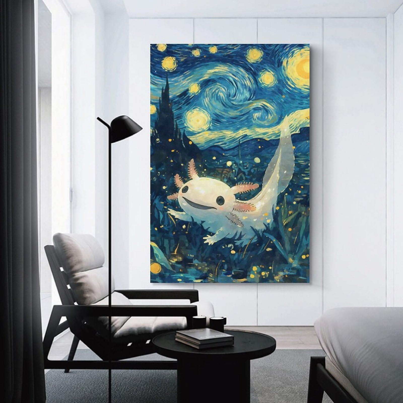 Junmoney Axolotl Starry Night Canvas Wall Picture, 24x36inch(60x90cm), for Wall Displays, Bedrooms Or Room Updates, Wall Decor Suited to Curated Displays