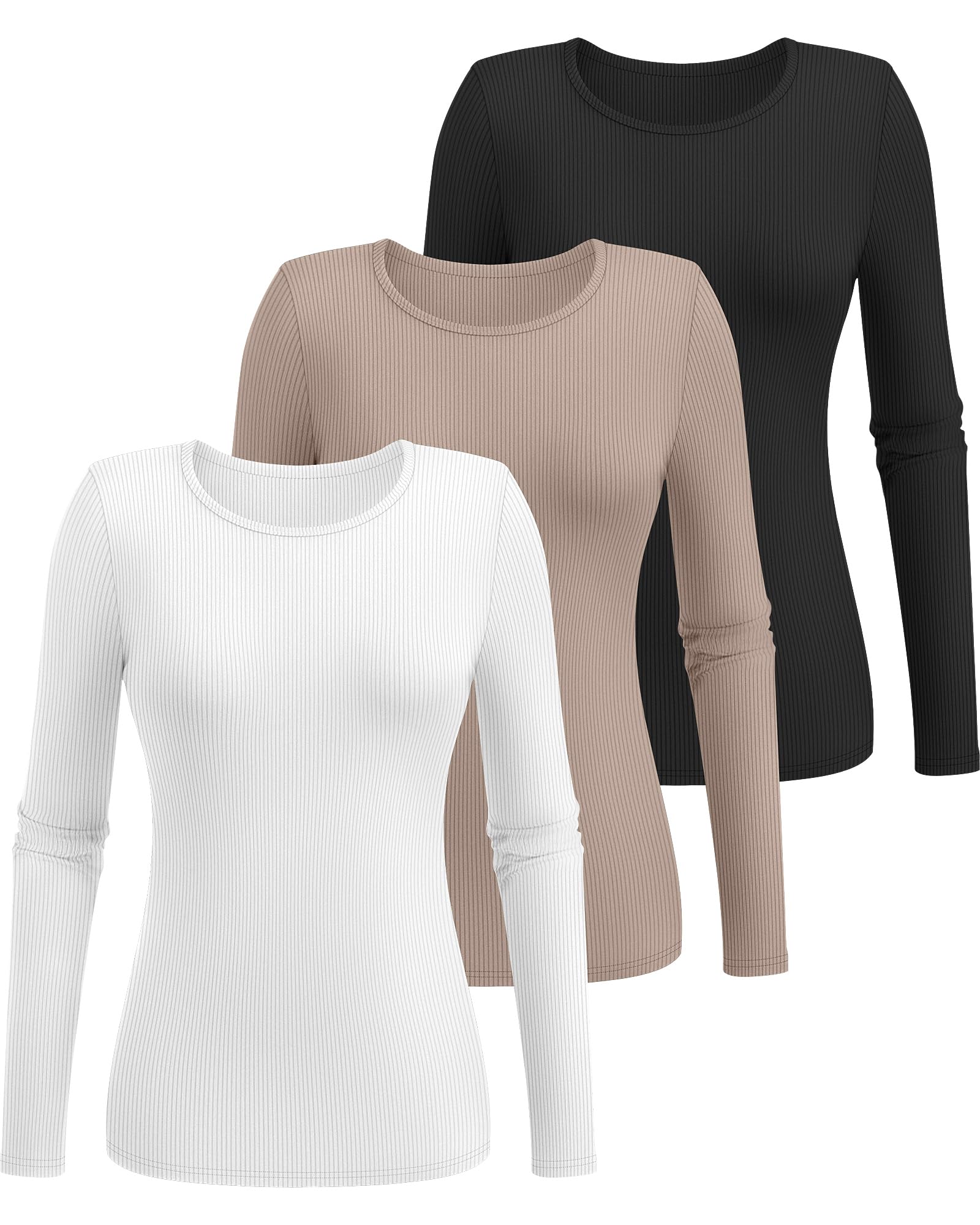 Ficerd Paquete de 3 Camisetas Interiores Elásticas de Manga Larga con Cuello Redondo y Tejido Acanalado para Mujer | Camiseta interior de cuello redondo, ajustada, básica de punto, casual de verano, camiseta elástica en capas