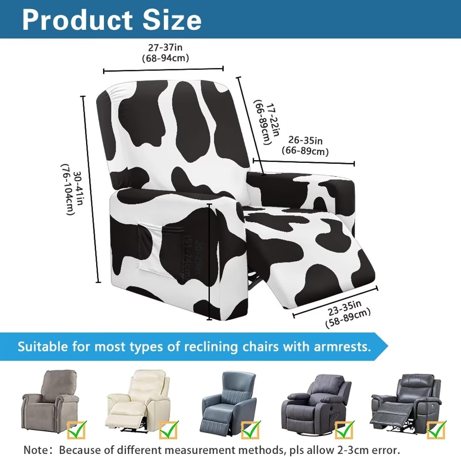 FOR U DESIGNS Black White Cow Easy Install 4-Pc Reclining Chair Slipcover Non Slip Stretch with Chew Resistant Fabric Storage Pockets Universal Fit for Small Recliners